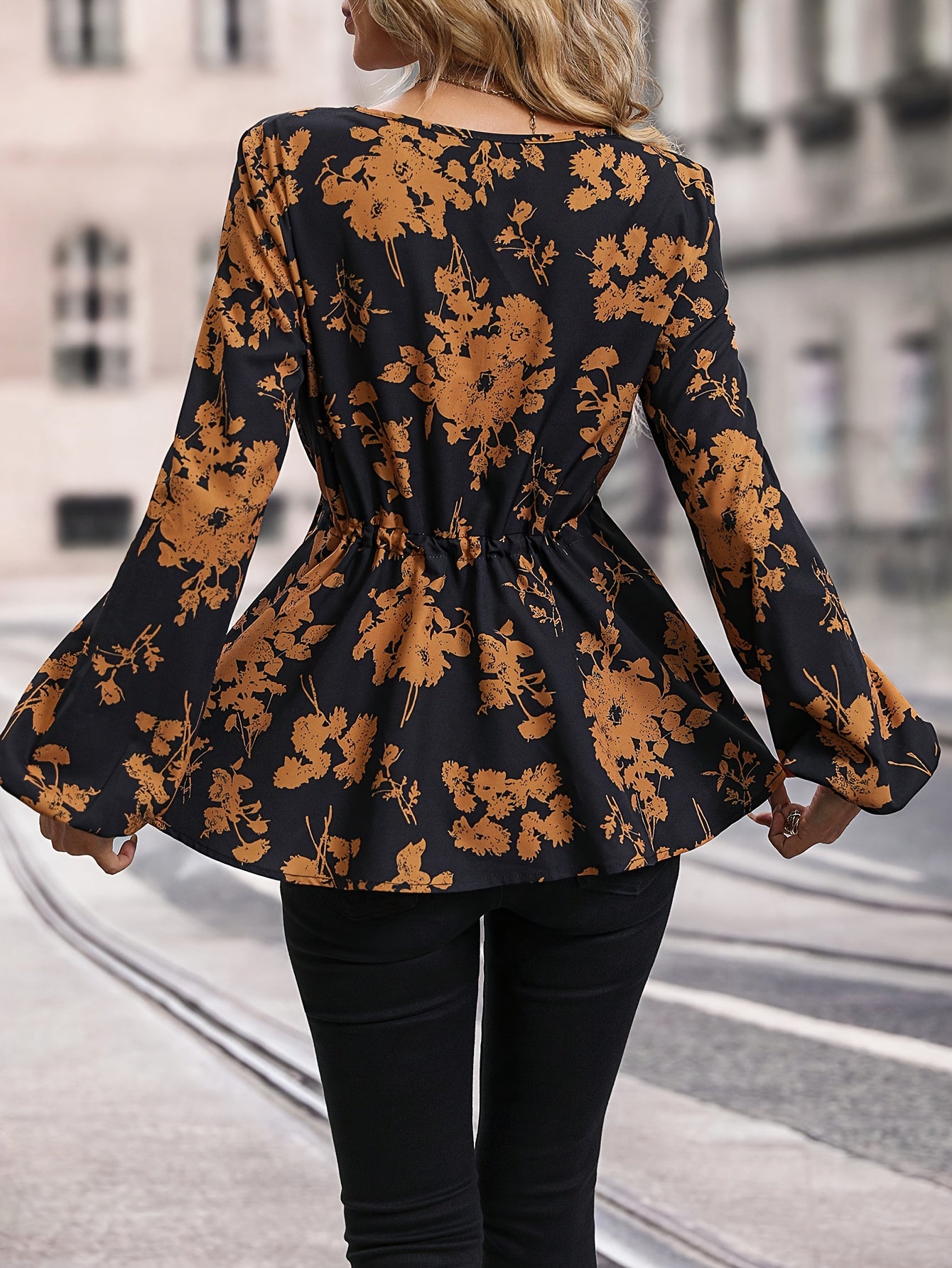 Floral Print V Neck Tie-waist Blouse, Casual Long Sleeve Blouse For Spring & Fall, Women's Clothing