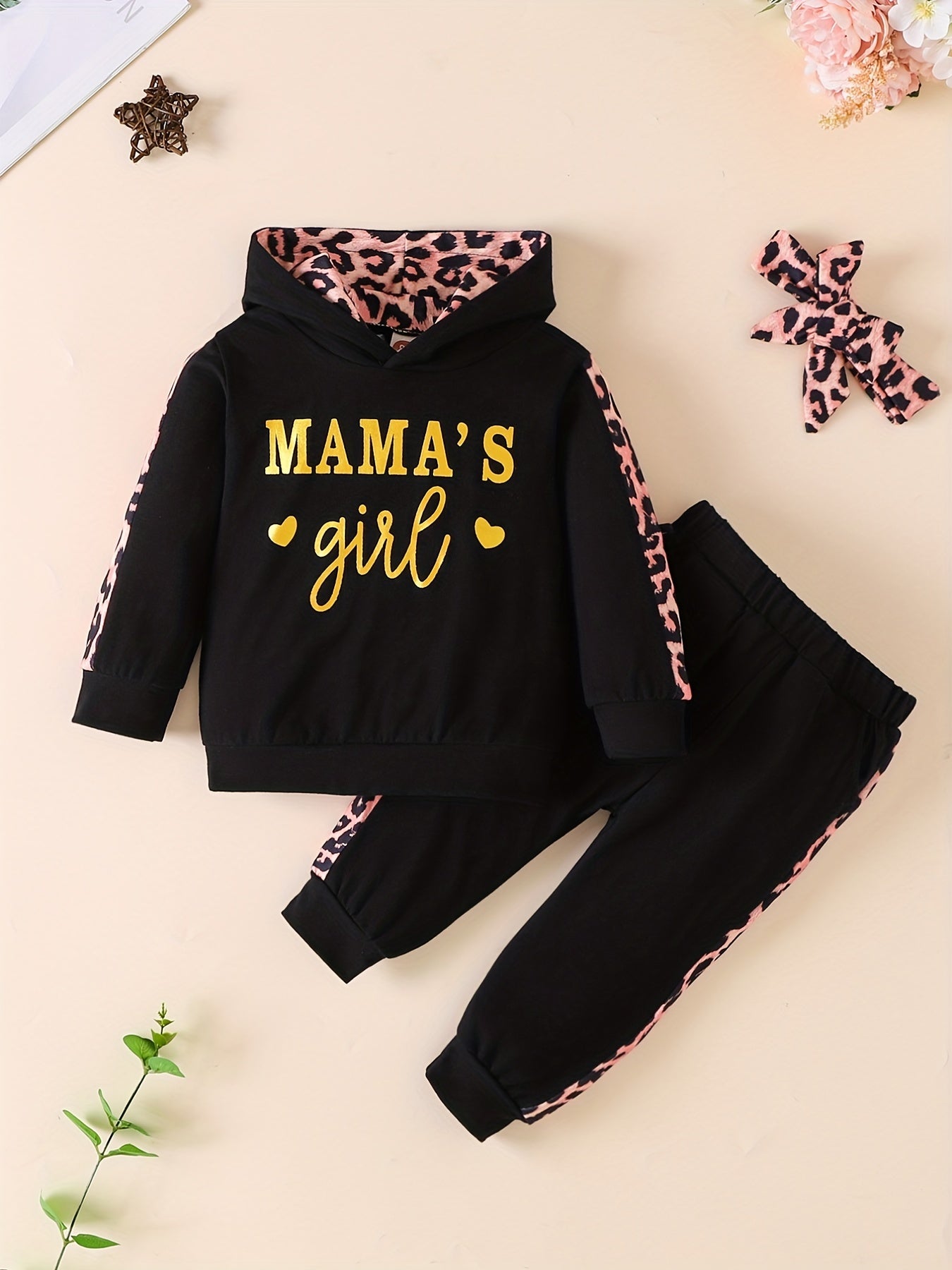 3pcs Baby Girls Casual  Hoodie Set, Leopard Print Long Sleeve Hooded Sweatshirt & Pants & Headband Set