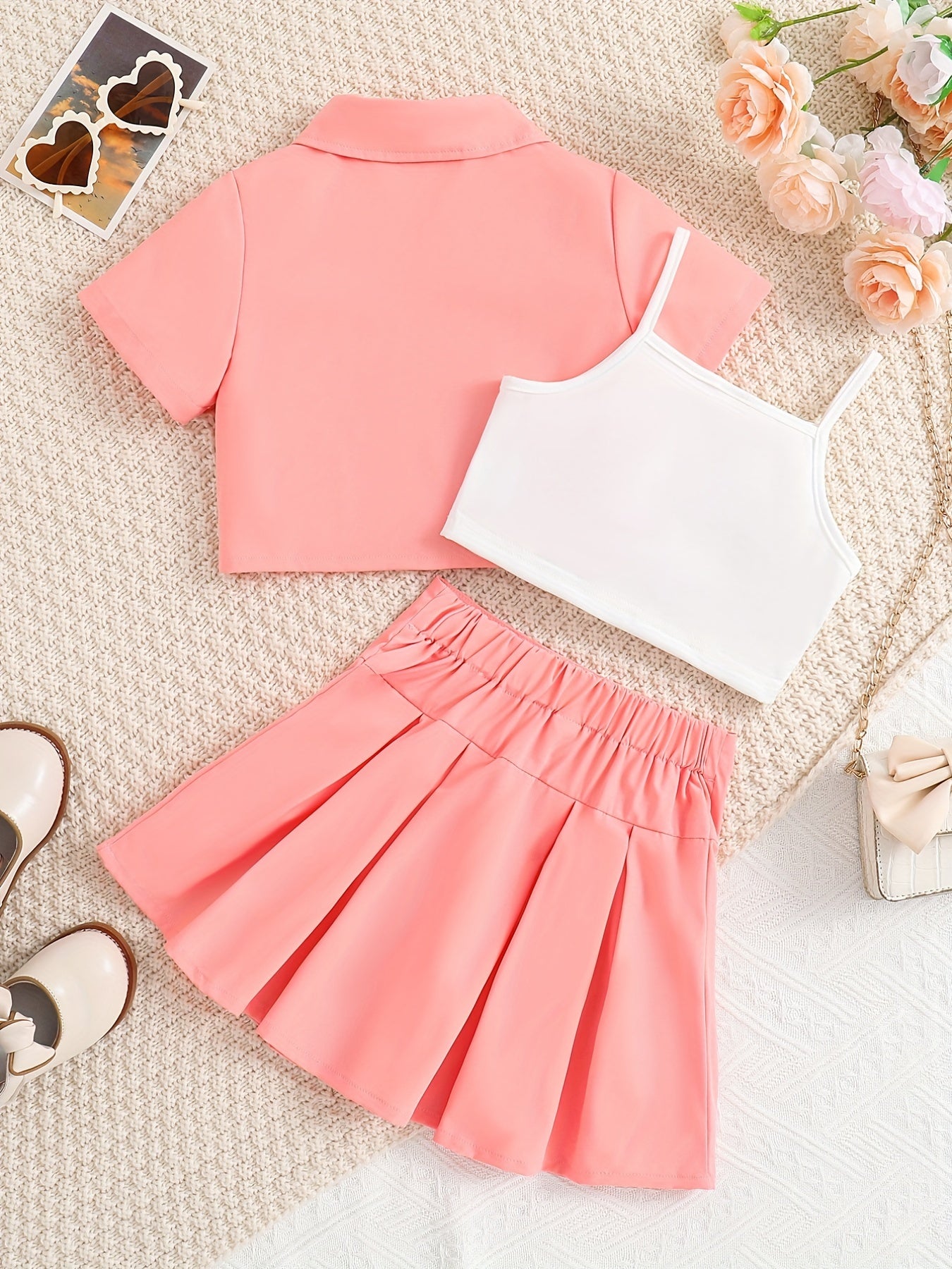 3pcs Toddler Girls Flap Detail Button Short Sleeve Shirt & Pleated Skirt & Cami Crop Top Set Kids Summer Clothes