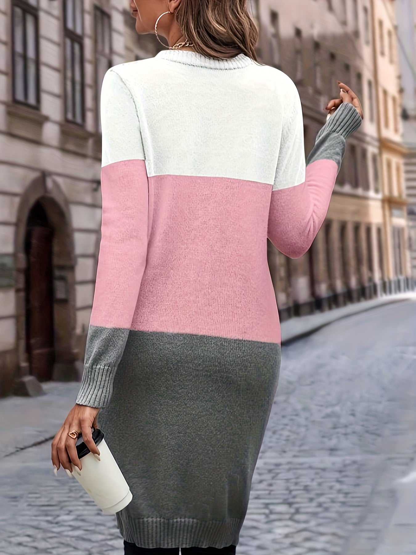 Color Block Button Up Knit Cardigan, Casual Long Sleeve Longline Sweater With Pocket, Women's Clothing