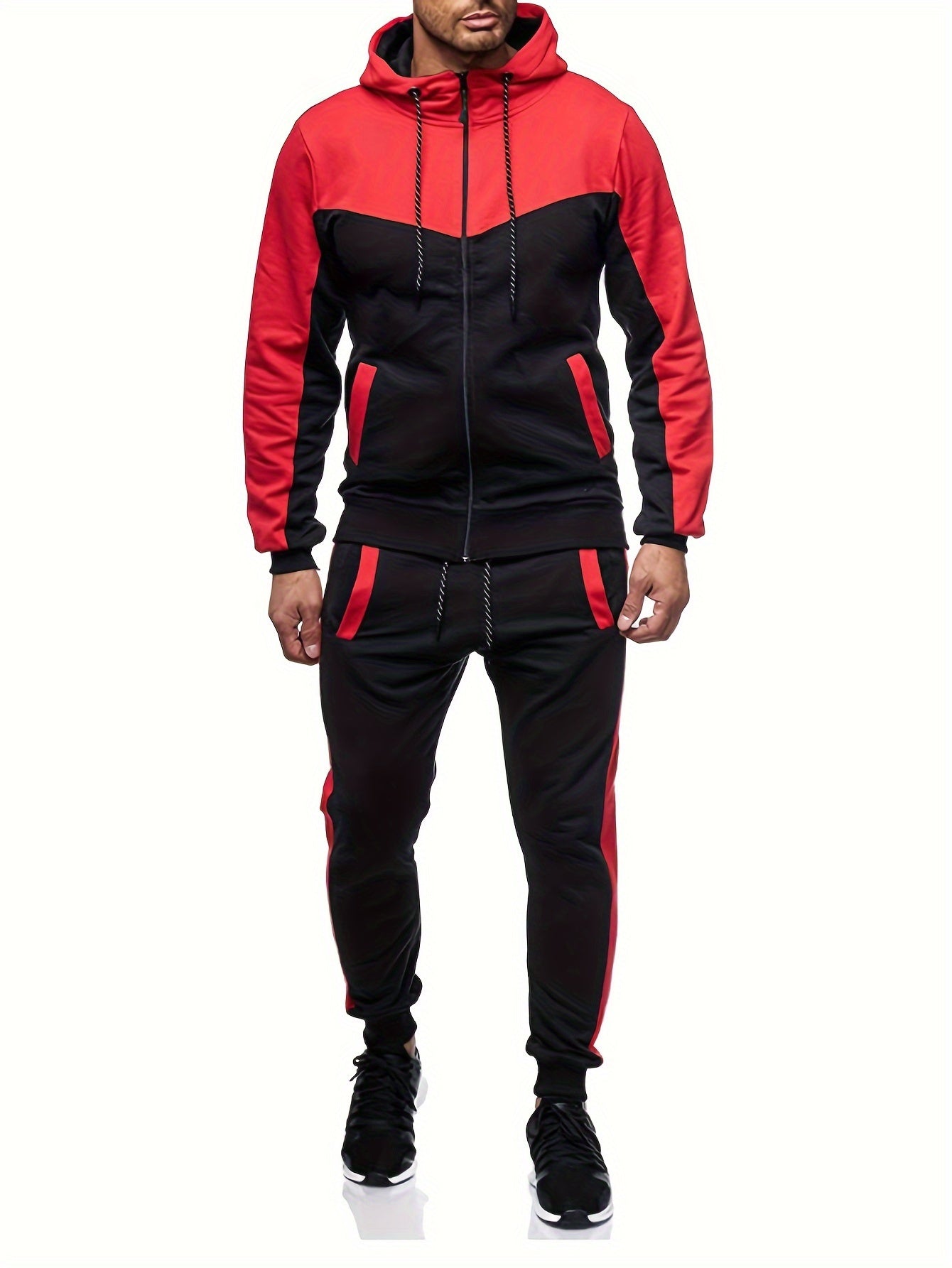 Color Block Classic Men's Athletic 2Pcs Tracksuit Set Casual Full-Zip Sweatsuits Long Sleeve Hoodie And Jogging Pants Set For Gym  Workout Running