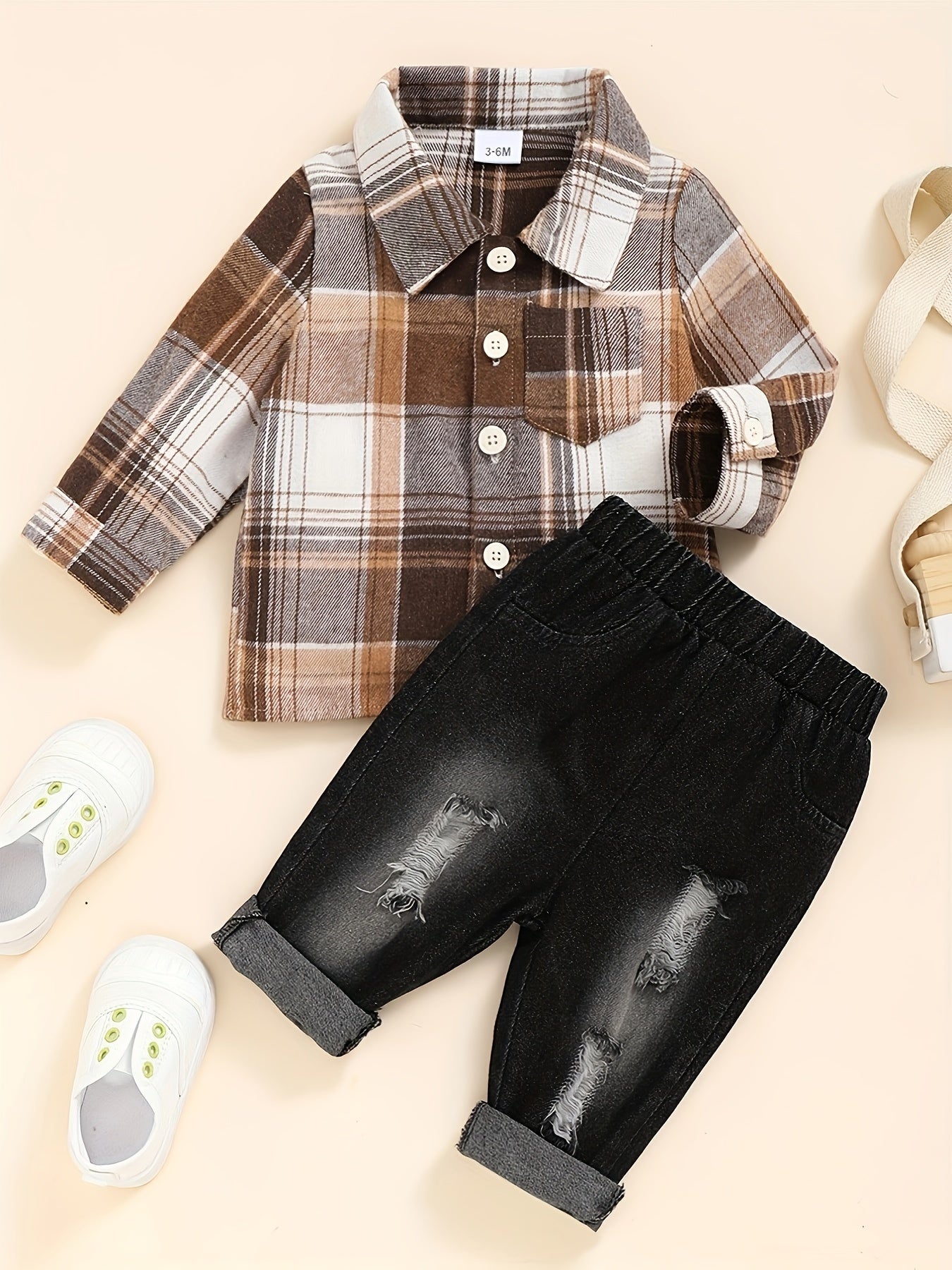 2pcs Baby Boys Plaid Long Sleeve Shirt Top & Ripped Denim Jeans Set Toddler Clothes
