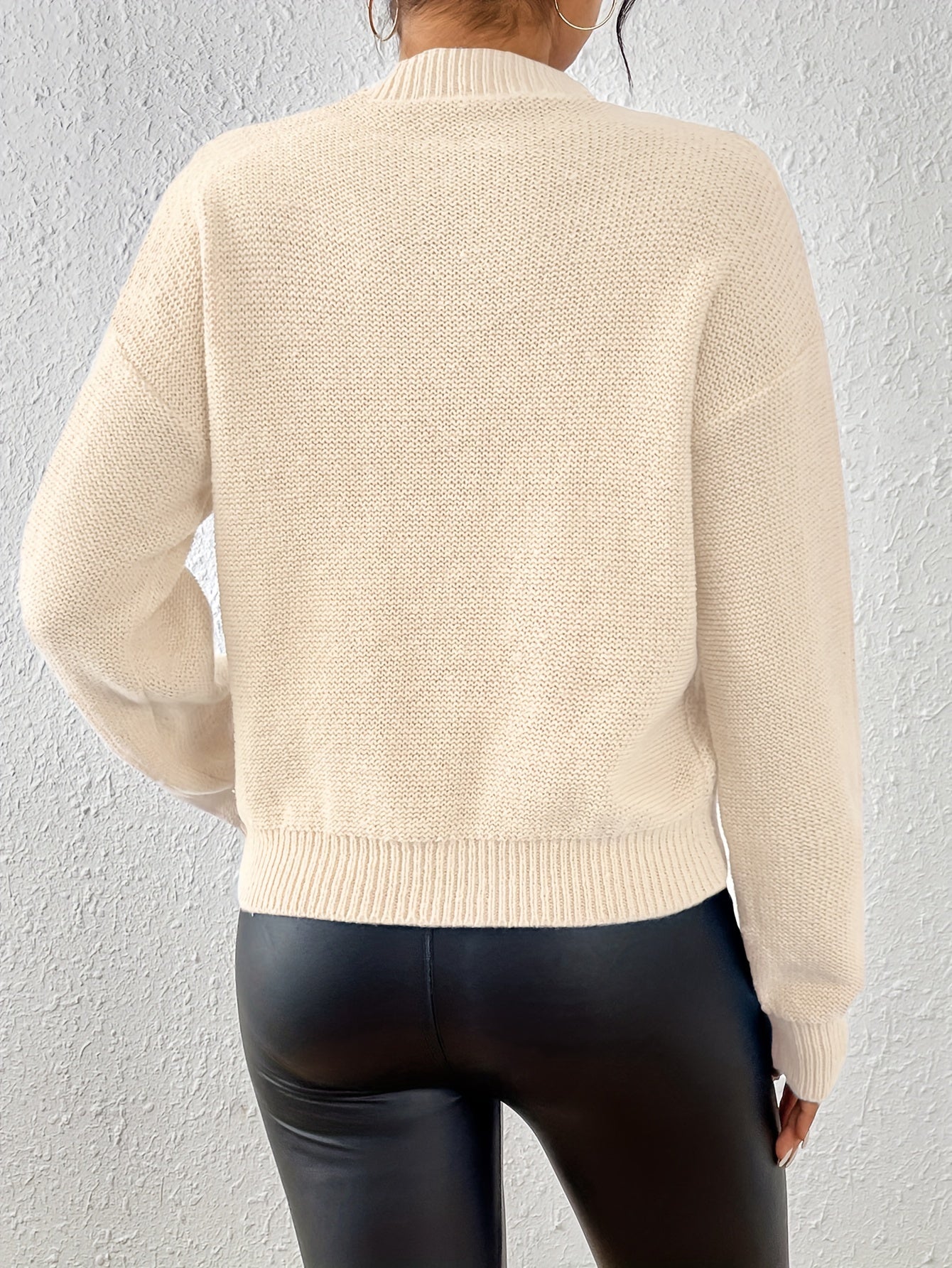 Solid Crew Neck Cable Knit Sweater, Casual Long Sleeve Sweater, Women's Clothing