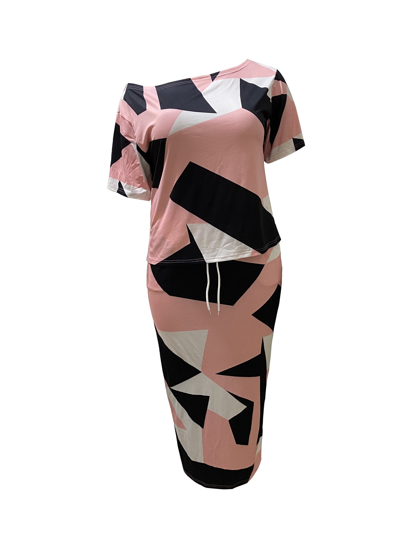 Plus Size Casual Outfits Set, Women's Plus Colorblock Geometric Print One Shoulder Short Sleeve Top & Pocketed Drawstring Skirt Outfits Two Piece Set