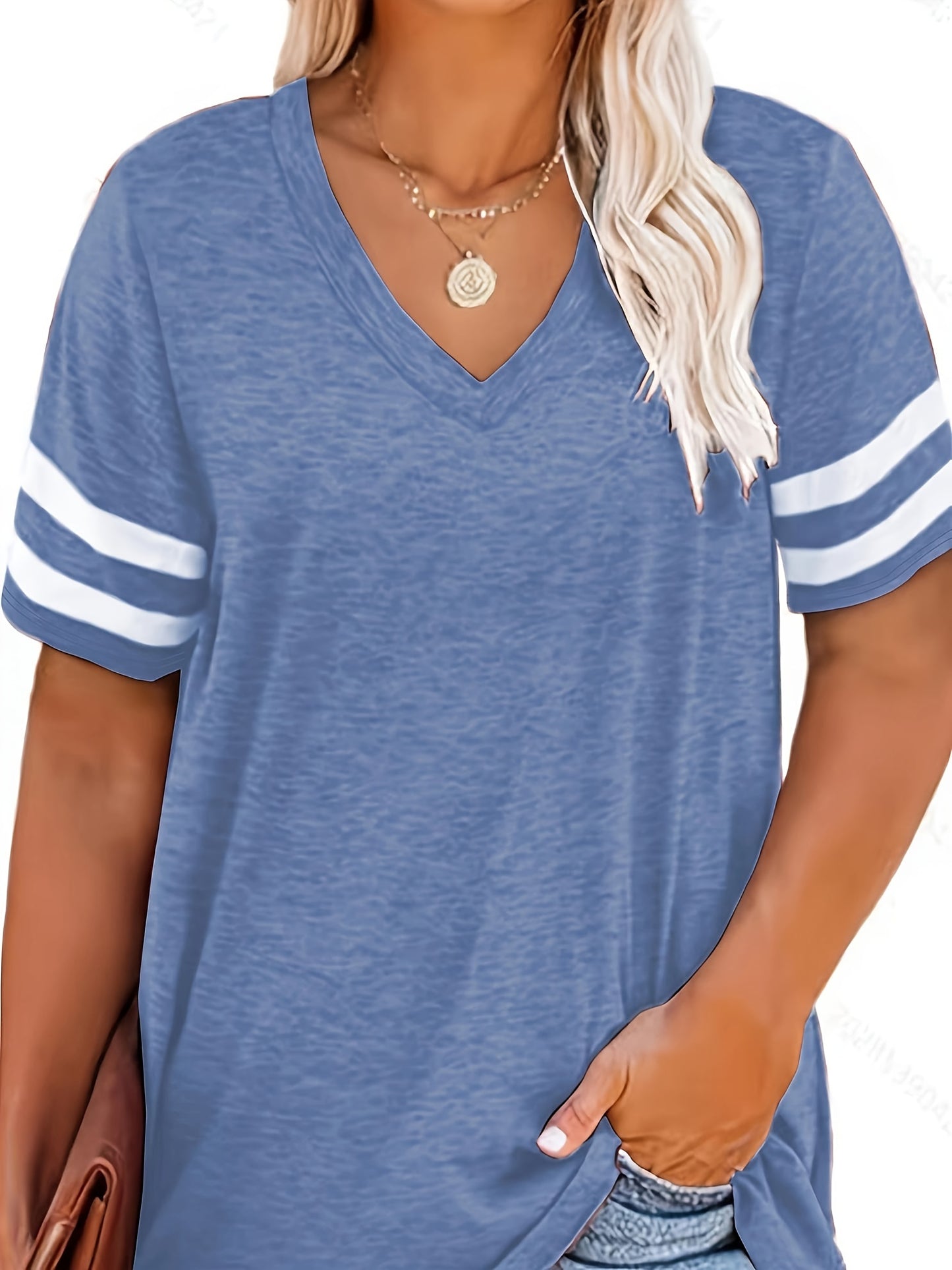 Plus Size Colorblock V Neck T-shirt, Women's Plus Slight Stretch Short Sleeve Casual Tee