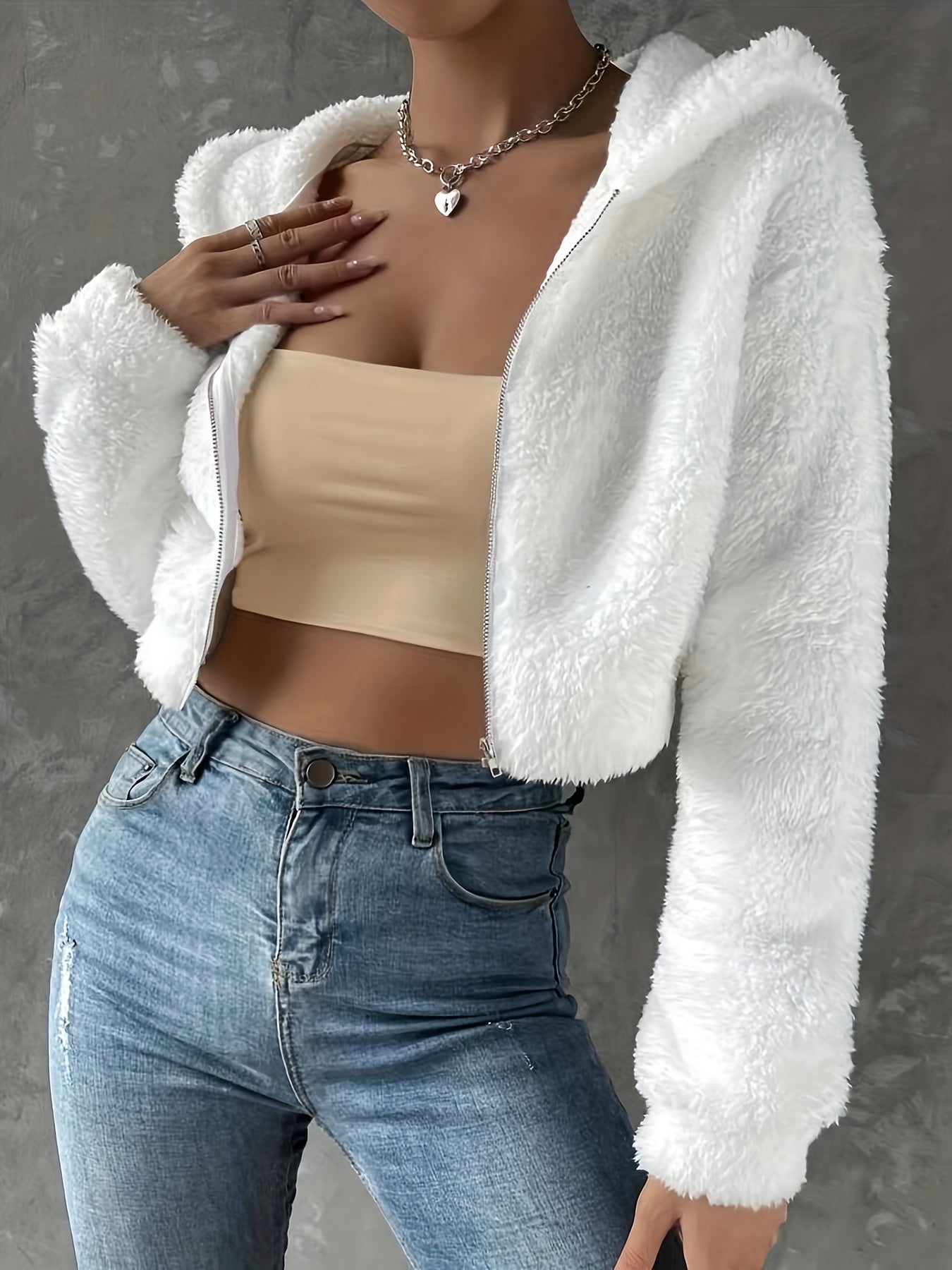 Solid Zipper Hooded Crop Coat, Casual Faux Fur Thermal Coat, Women's Clothing