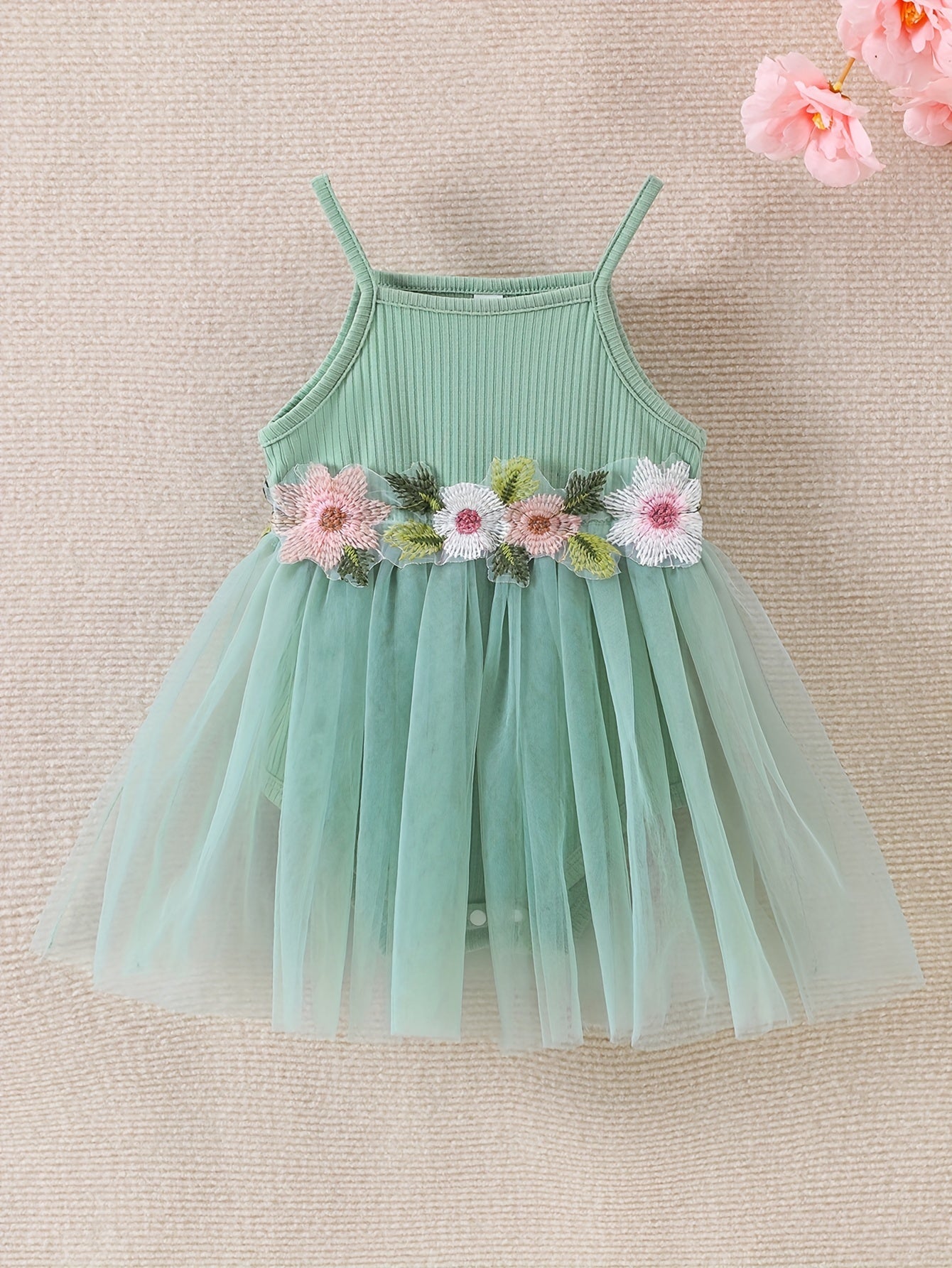 Baby Girl's Cute Floral Embroidery Sleeveless Mesh Cami Onesie Dress Clothes With Fashion Mesh Hem And Flower Decors
