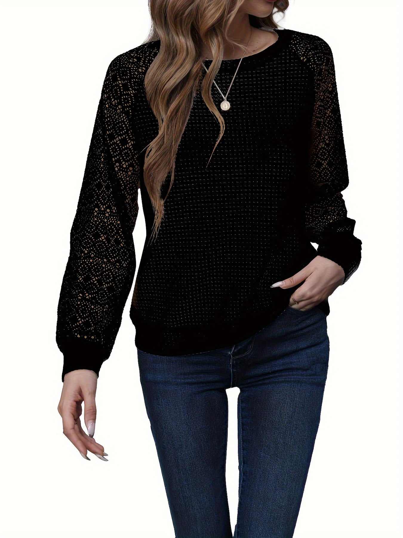 Eyelet Lace Stitching Crew Neck Knit Top, Elegant Long Sleeve Sweater For Spring & Fall, Women's Clothing