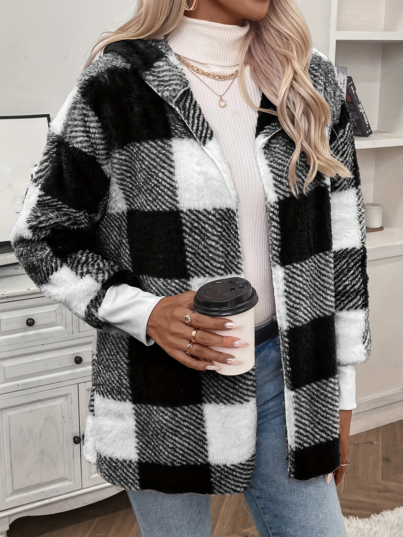 Plaid Hooded Teddy Coat, Casual Open Front Warm Outerwear, Women's Clothing