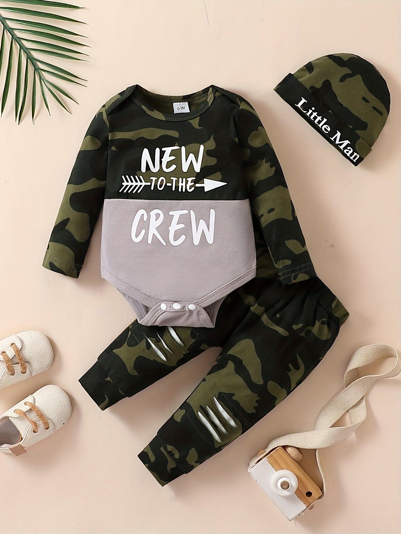 Baby Boy's Camouflage Long Sleeve Suit, NEW TO THE CREW Letter Printed Romper & Trousers Set, Cotton Comfy Casual Set For Newborn