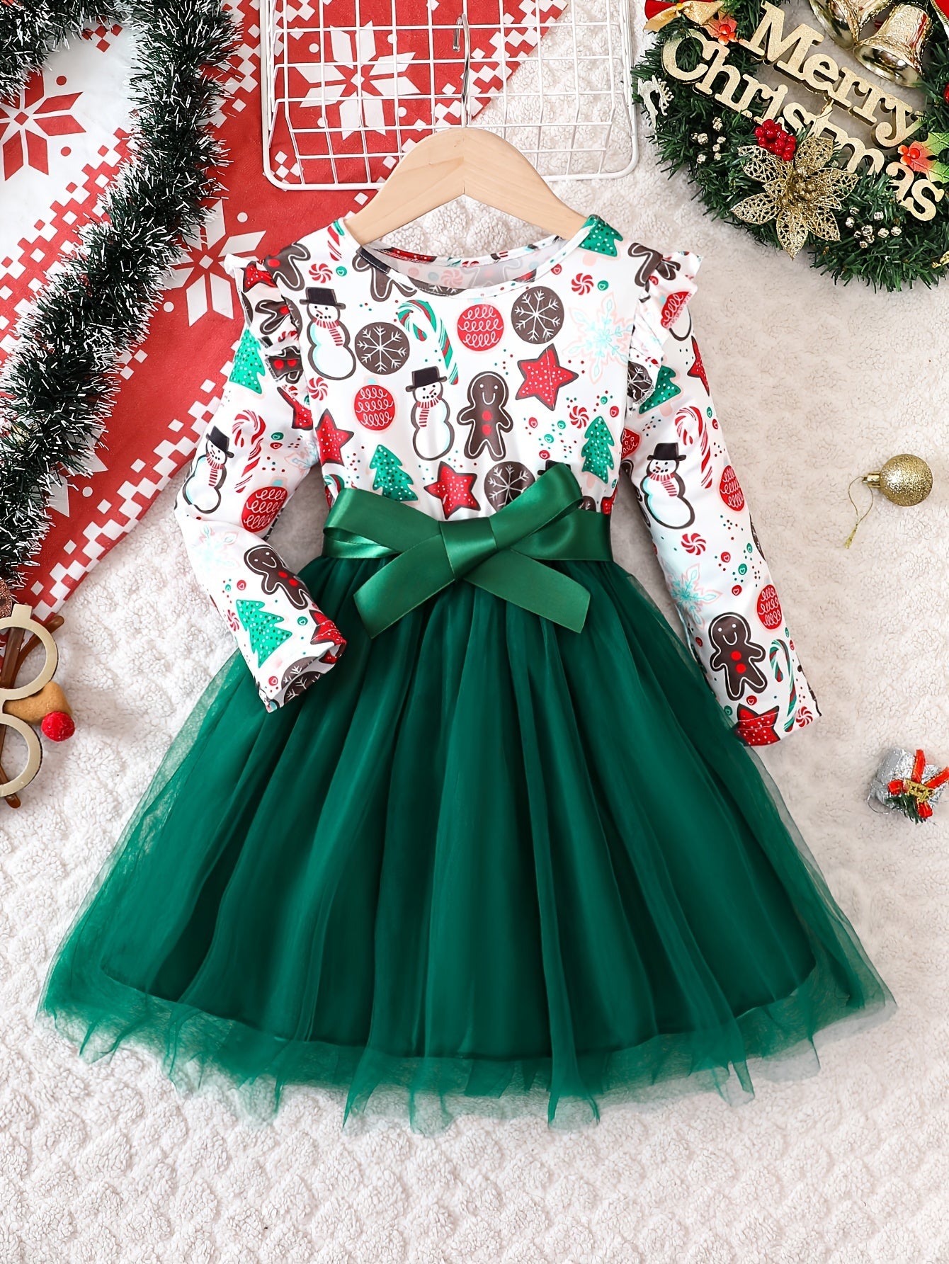 Christmas Girls Tulle Splice Long Sleeve Tutu Dress, Cute & Smart Holiday Party Dresses Outfit For Kids/ Toddlers, Gift Choice