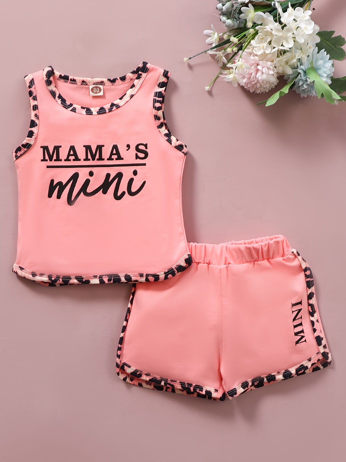 Baby Girls Pink "MAMA'S Mini" Print Stitching Leopard Tank Top & Shorts Set, Cute Casual Summer Outfit