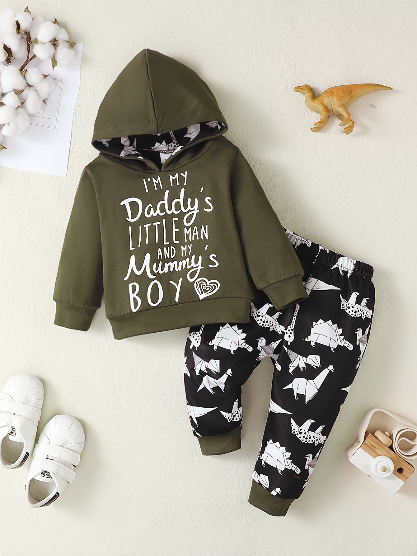 Baby Boys Casual Outfit, Letter Of Love Print Hooded Layered Top Dinosaur Full Print Trousers For Daily Outing Clothes Fall Winter