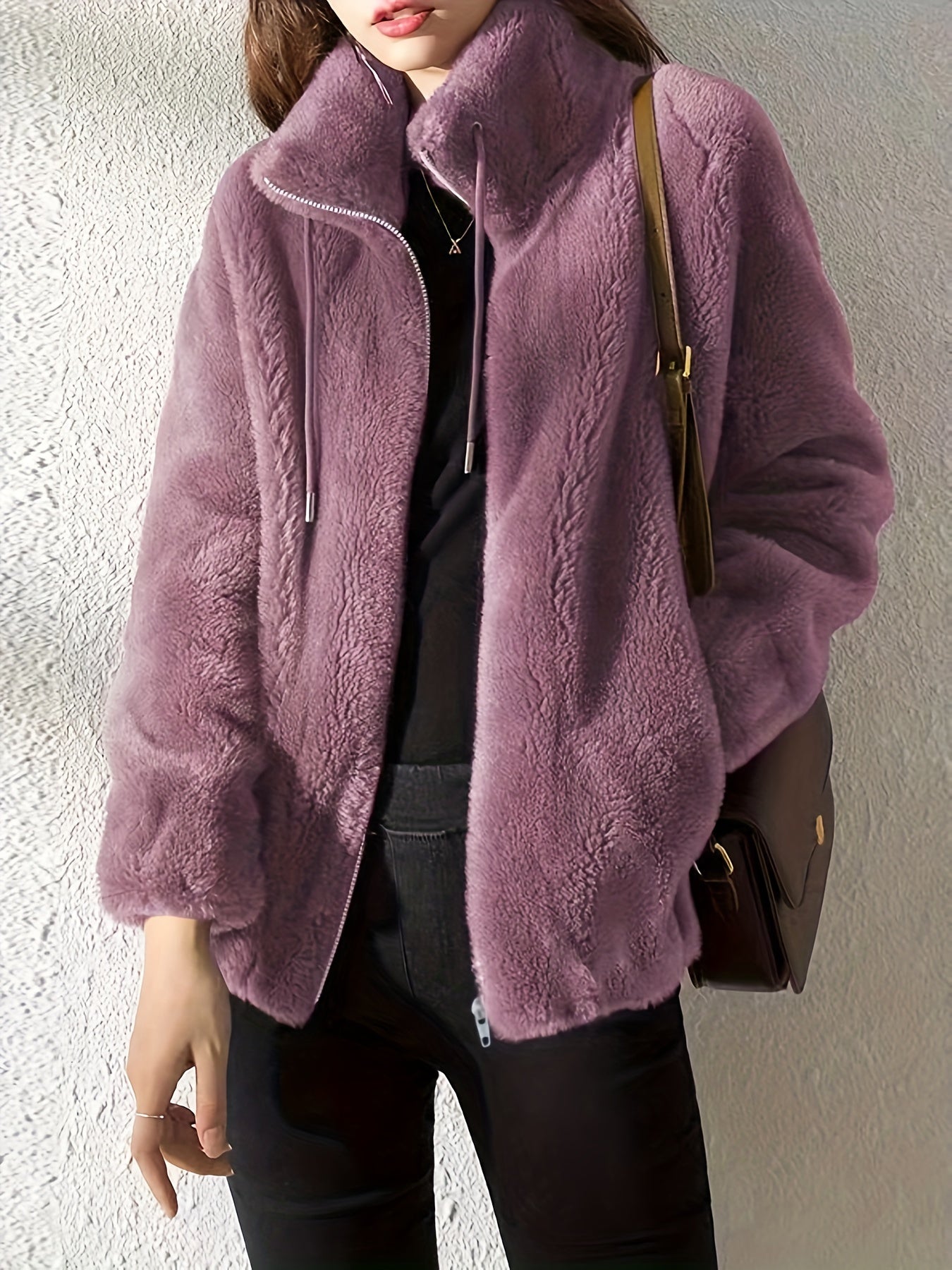 Drawstring Teddy Coat, Casual Zip Up Long Sleeve Warm Outerwear, Women's Clothing