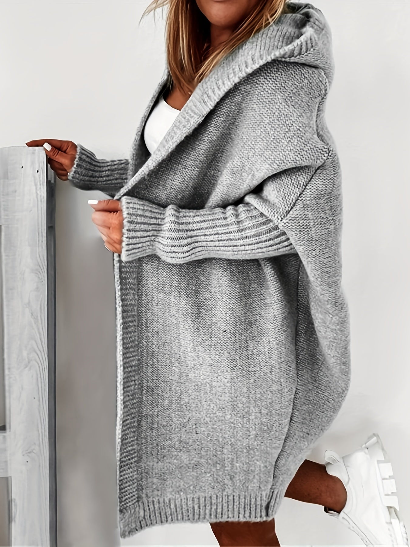 Oversized Hooded Knitted Cardigan, Long Sleeve Casual Sweater For Winter & Fall, Women's Clothing