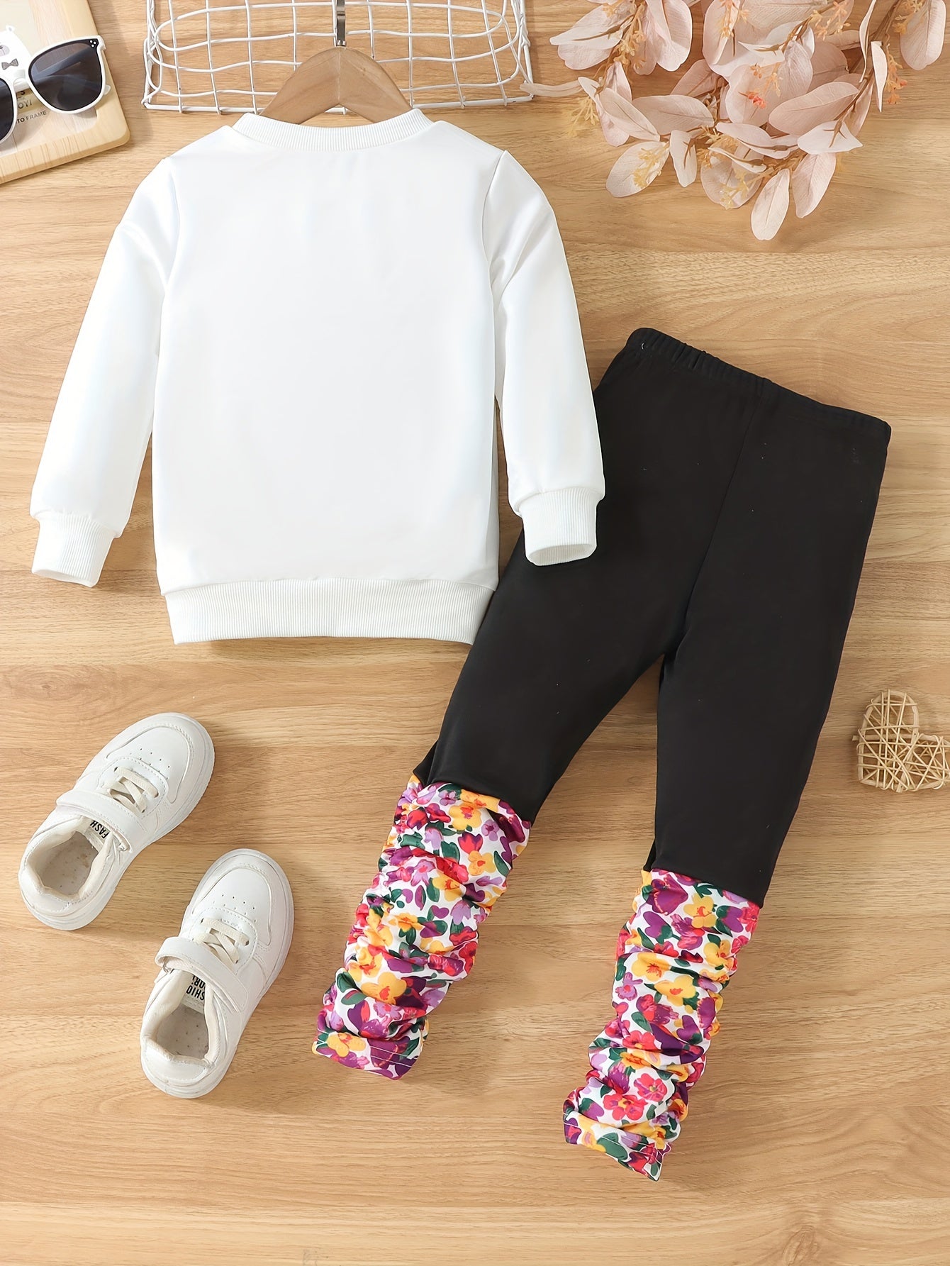 Girl's Floral Pattern Outfit 2pcs, Portrait Graphic Sweatshirt & Pants Set, Kid's Clothes For Spring Fall