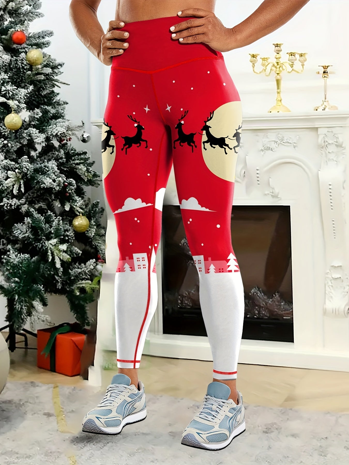 Christmas Color Block Print Running Yoga  Leggings, High Waist Hip Lifting Workout Sports Pants,Women's Activewear