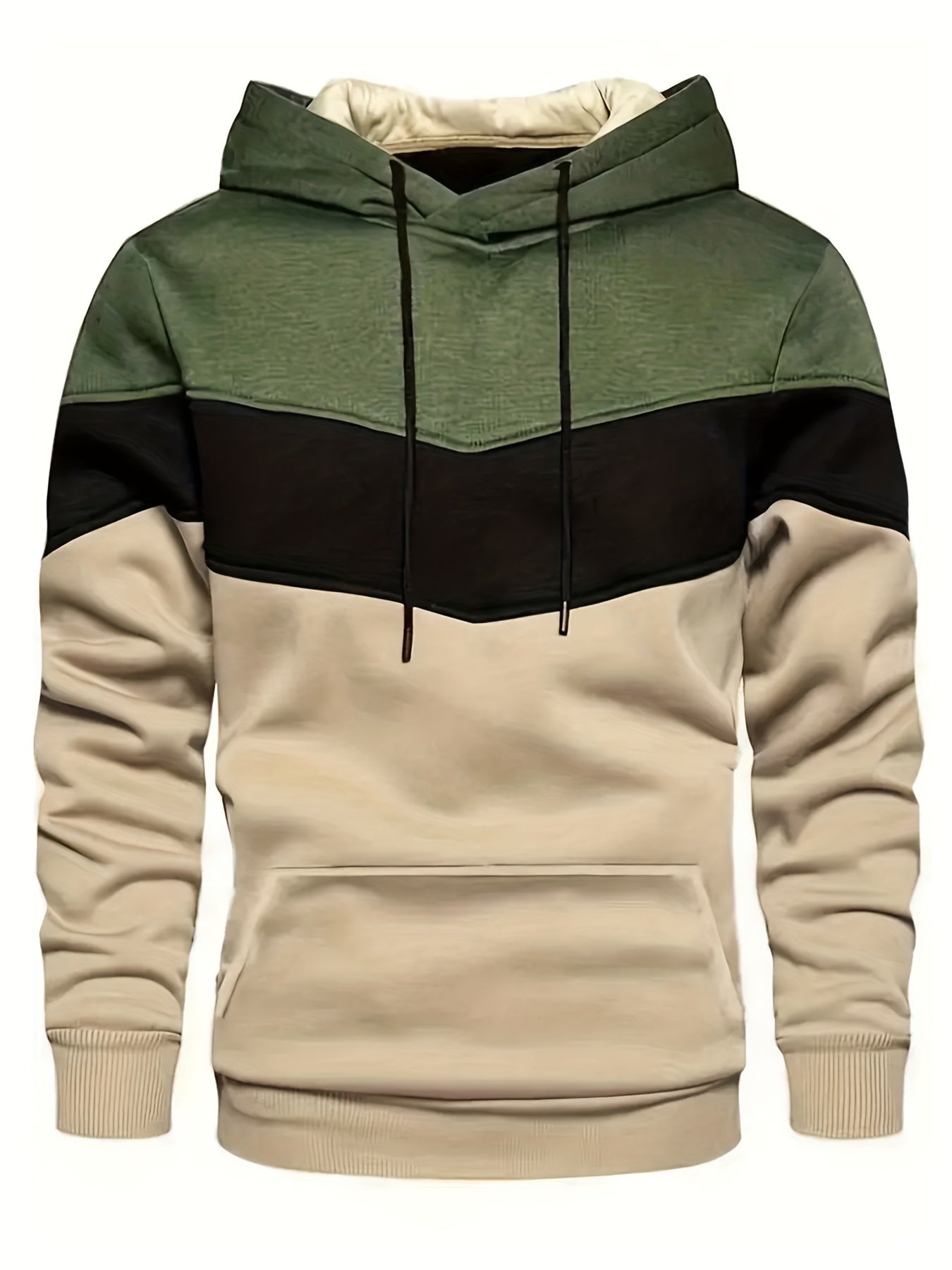 Kangaroo Pocket Drawstring Hoodie, Men's Casual Patchwork Color Block Slightly Stretch Hooded Sweatshirt For Spring Fall