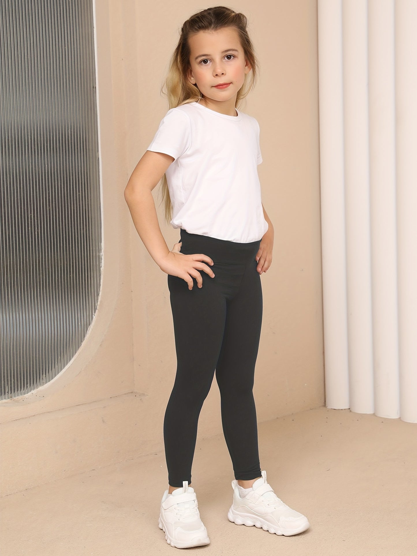 Girls High Stretch Soft Leggings Plain Color Pure Black Elastic Waist Pants, Kids Clothes, Children Clothing