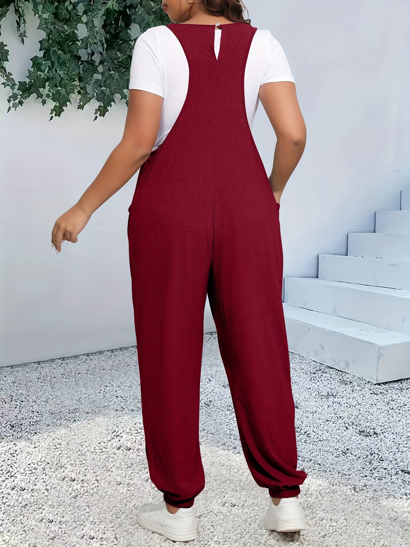 Plus Size Casual Cami Jumpsuit, Women's Plus Heathered V Neck Tapered Leg Cami Jumpsuit With Pockets