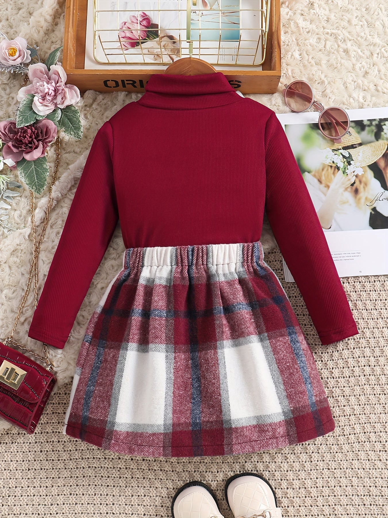 2pcs Girl's Casual Outfit, Turtleneck Top & Plaid Pattern Skirt Set, Toddler Kid's Clothes For Spring Autumn