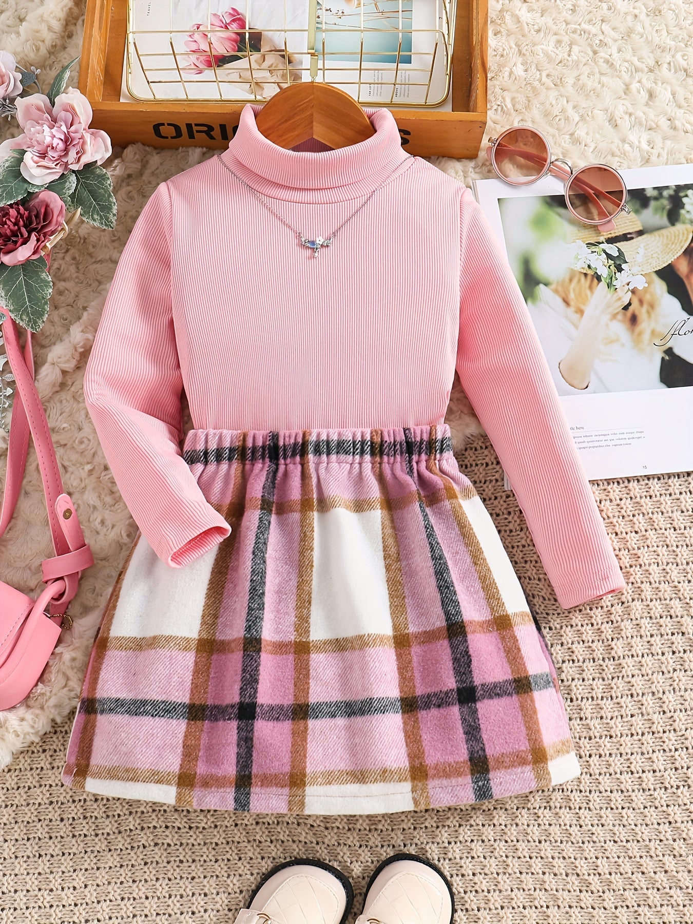 2pcs Girl's Casual Outfit, Turtleneck Top & Plaid Pattern Skirt Set, Toddler Kid's Clothes For Spring Autumn