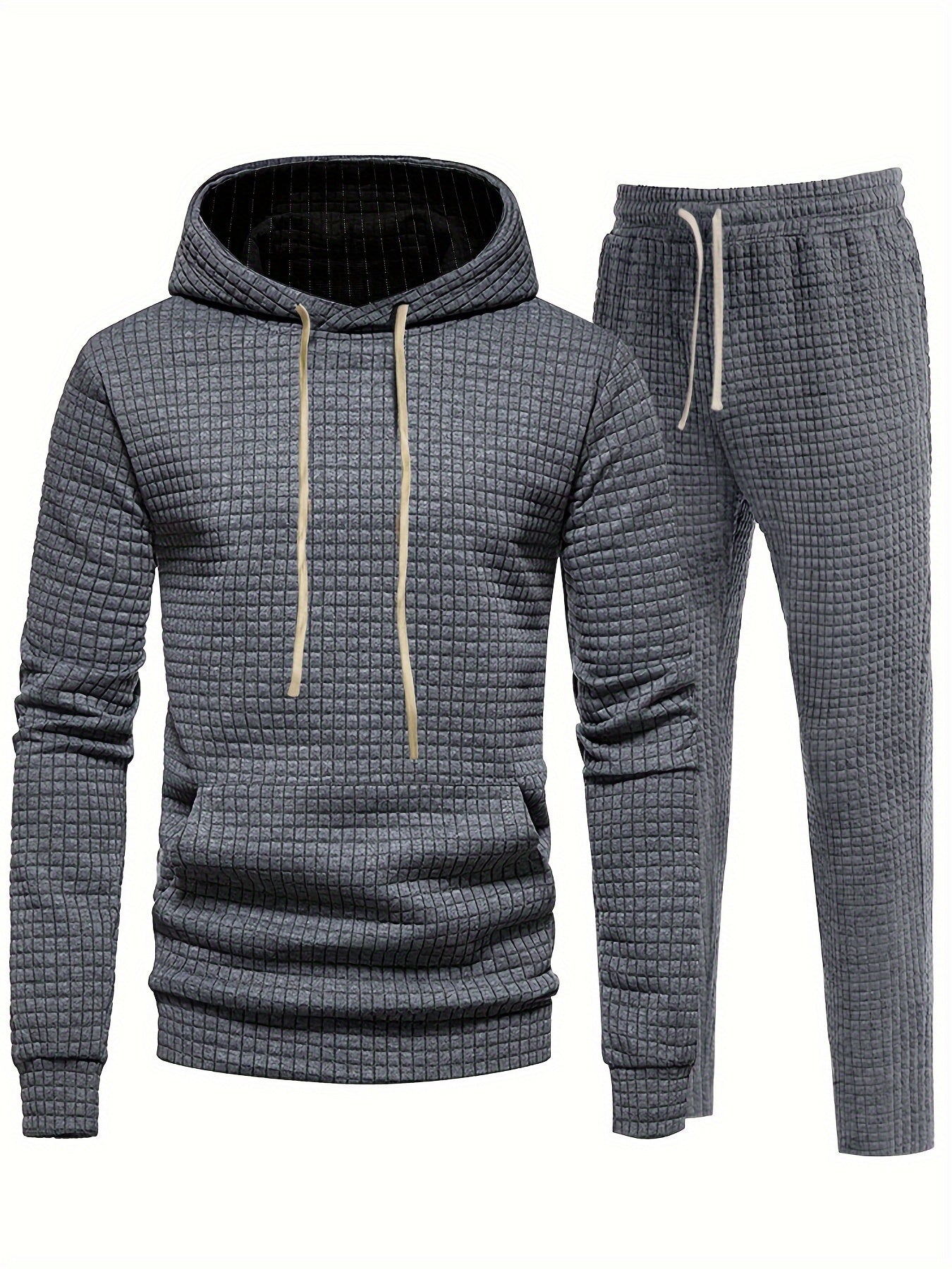 Men's Casual Suit Autumn And Winter Outdoor Sports Fitness Hooded Sweater Fashion Trendy Brand Waffle Jogging Training Two-piece Set