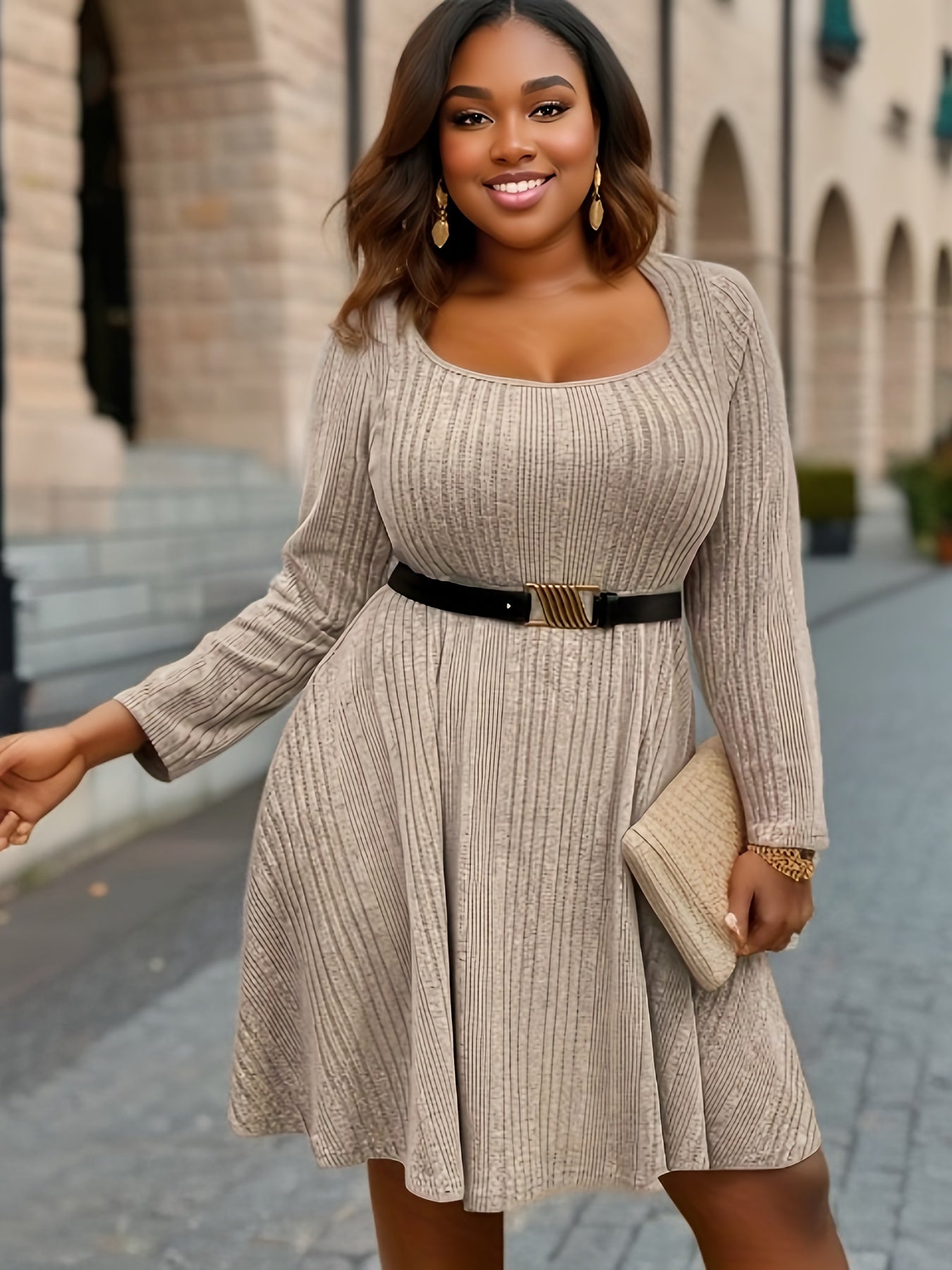 Plus Size Casual Dress, Women's Plus Solid Ribbed Long Sleeve Round Neck High Stretch Knee Length Dress