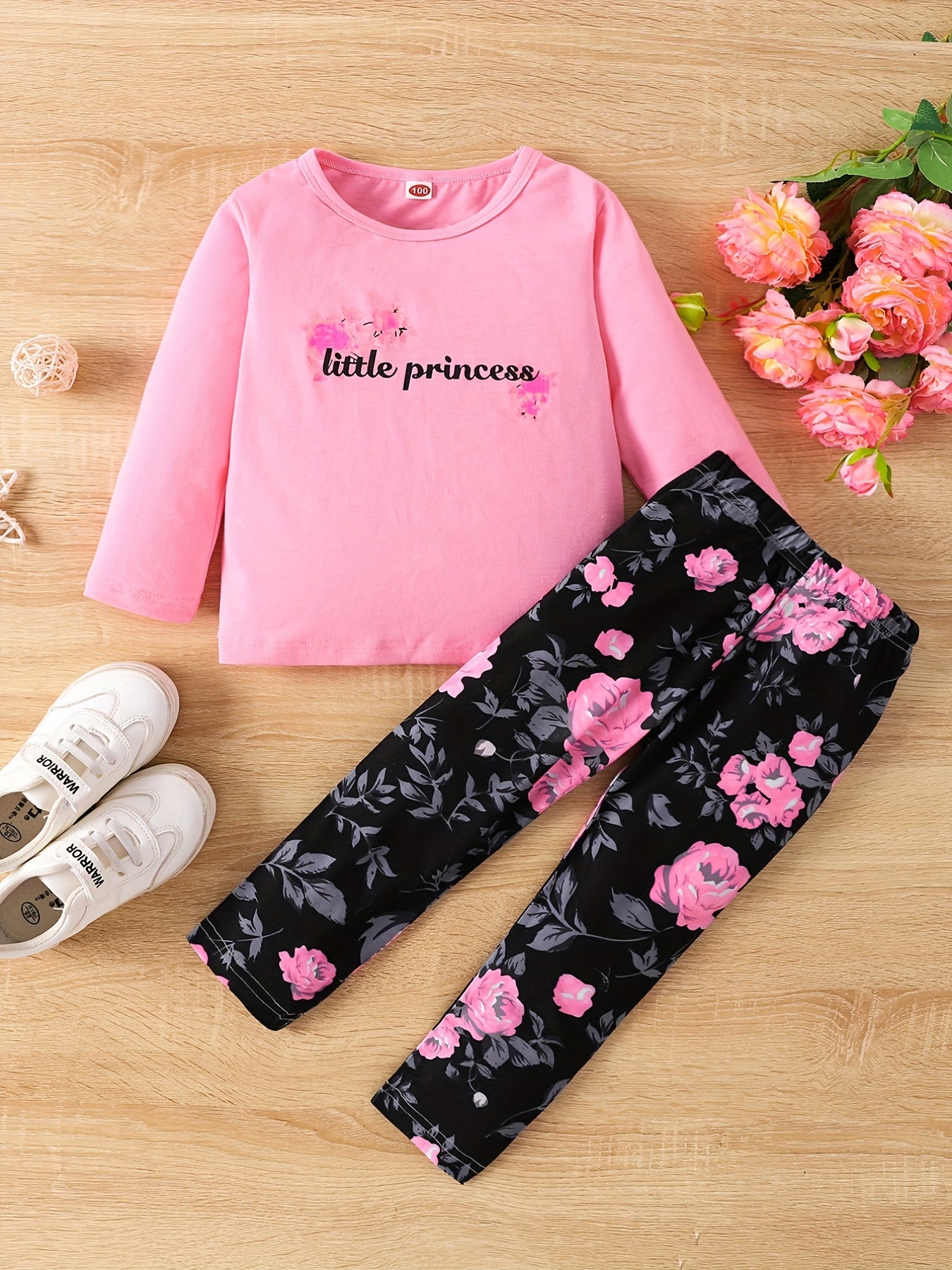 Girl's Floral Pattern Outfit 2pcs, Long Sleeve Top & Leggings Set, LITTLE PRINCESS Print Kid's Clothes For Spring Fall