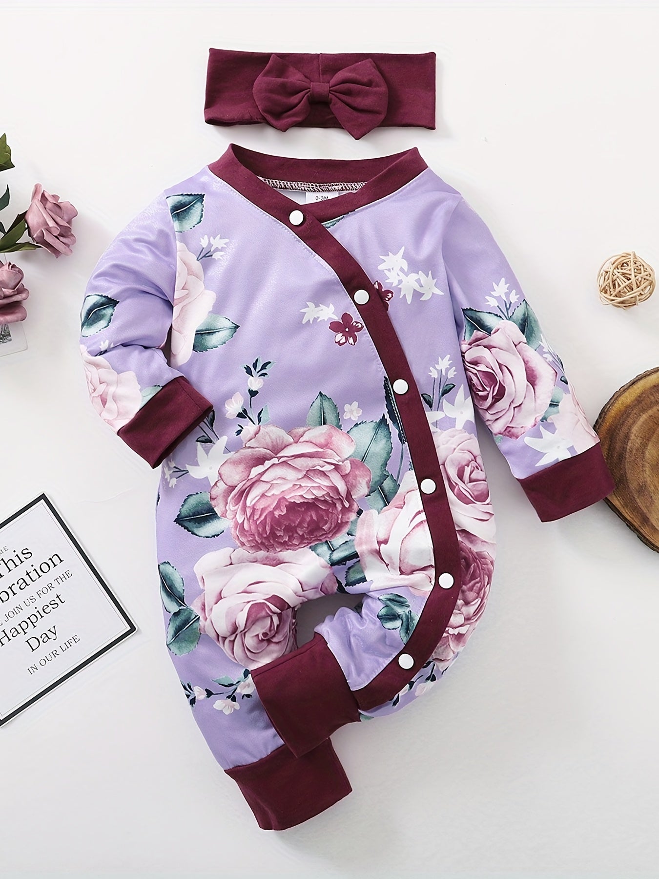 2pcs Baby Girls Floral Graphic Long Sleeve Romper & Headband Set