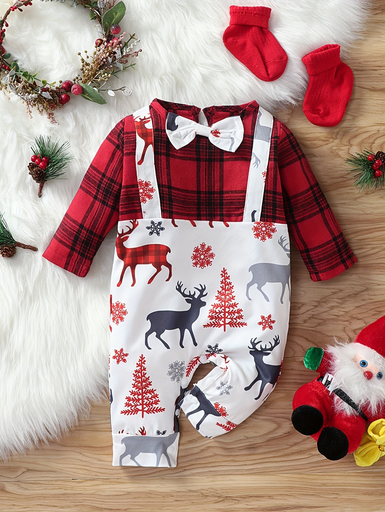 Baby Boy Long-sleeved Adorable Bow Christmas Elk Print Patchwork Plaid Jumpsuit, Kid's Party Casual Clothes