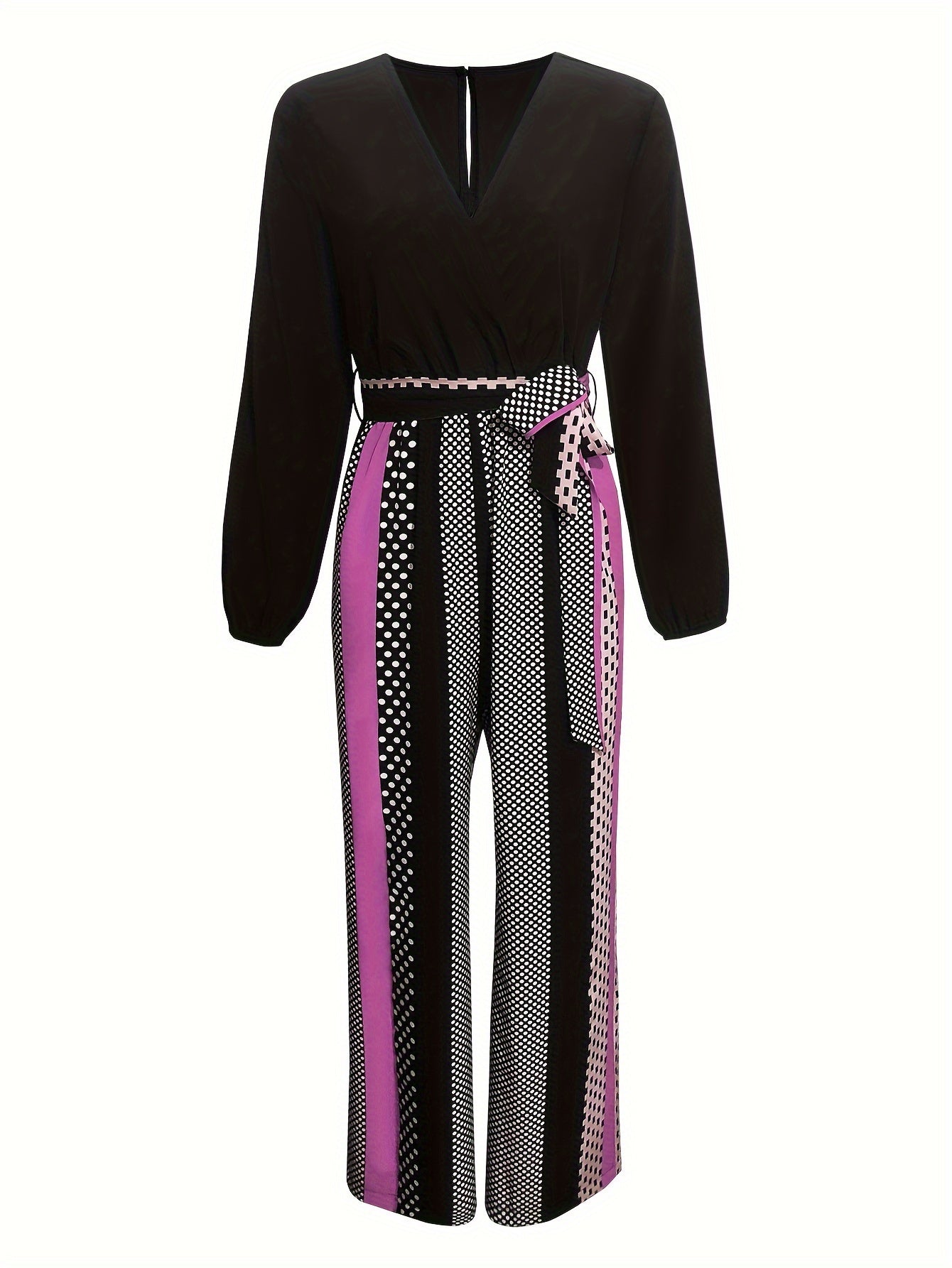 Striped Print V-neck Splicing Jumpsuit, Elegant Long Sleeve Tie Waist Jumpsuit For Spring & Fall, Women's Clothing