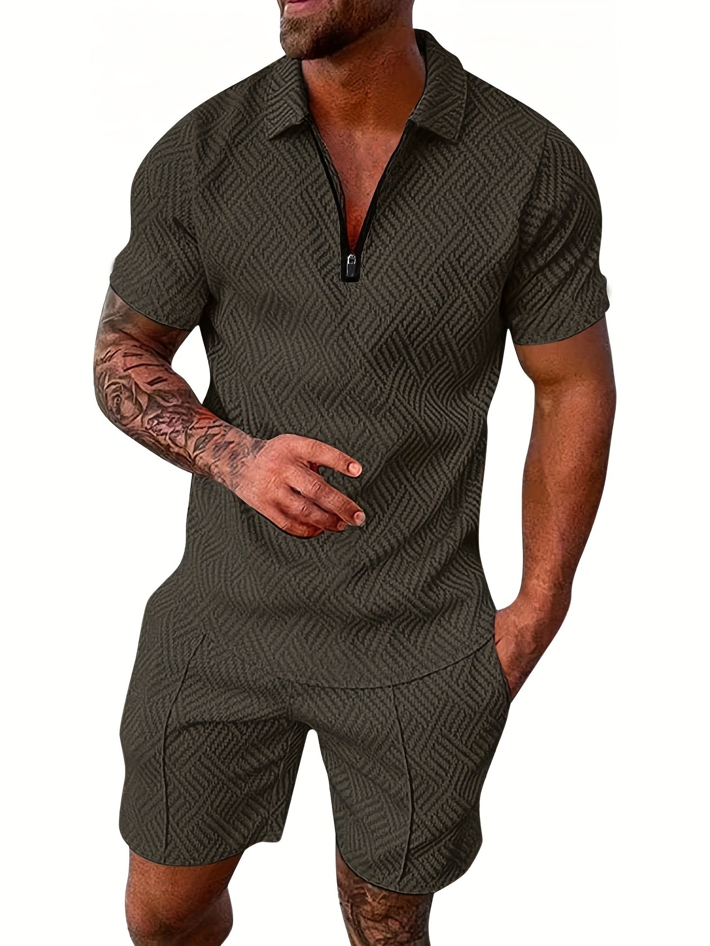 Men's Polyester Thin V-neck Zipper Sweatsuits With V-neck Zipper T-shirt & Shorts Christmas Gifts Best Sellers