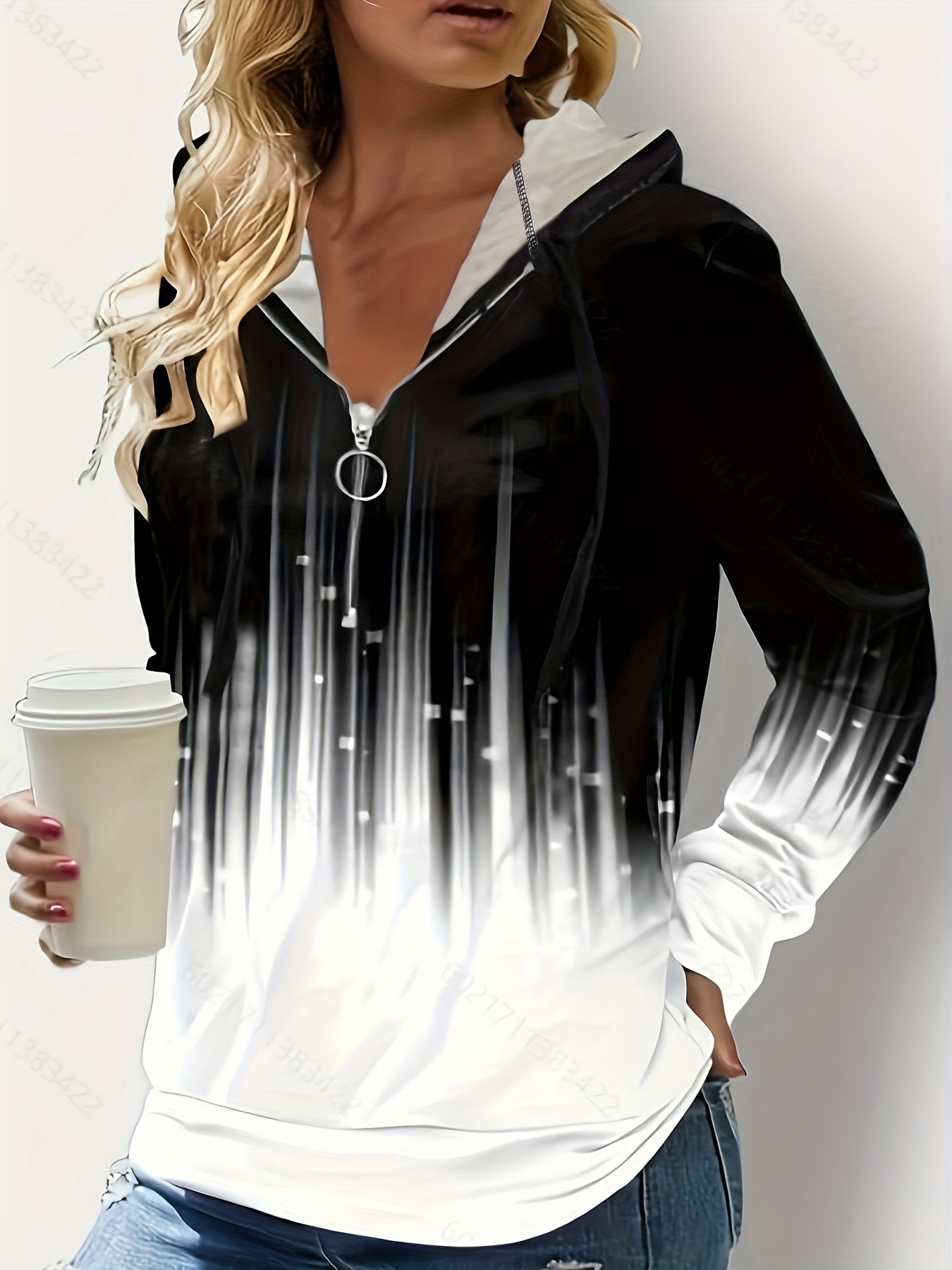 Plus Size Casual Sweatshirt, Women's Plus Zipper Ombre Print Long Sleeve Drawstring Hooded Medium Stretch Sweatshirt