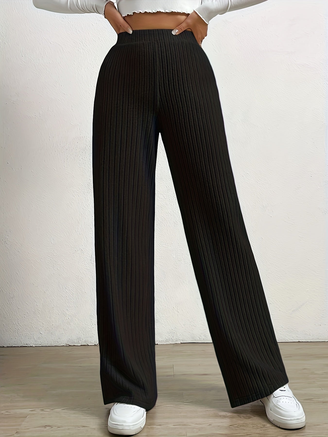 Plus Size Casual Pants, Women's Plus Solid Ribbed High Rise Medium Stretch Wide Leg Trousers