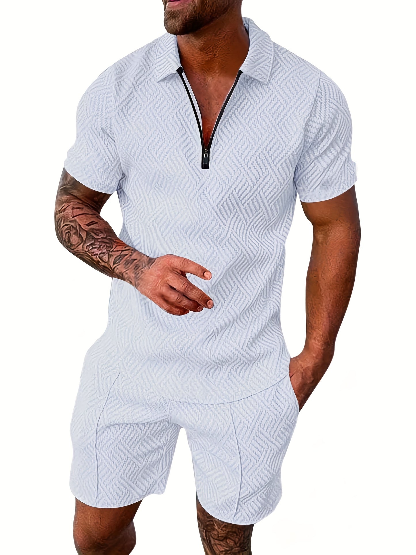 Men's Polyester Thin V-neck Zipper Sweatsuits With V-neck Zipper T-shirt & Shorts Christmas Gifts Best Sellers