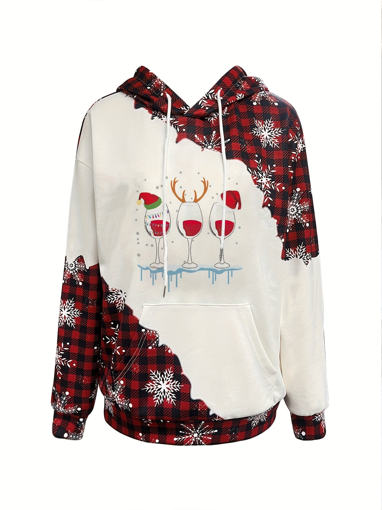 Christmas Tree Print Kangaroo Pocket Hoodie, Casual Long Sleeve Drawstring Hoodies Sweatshirt, Women's Clothing