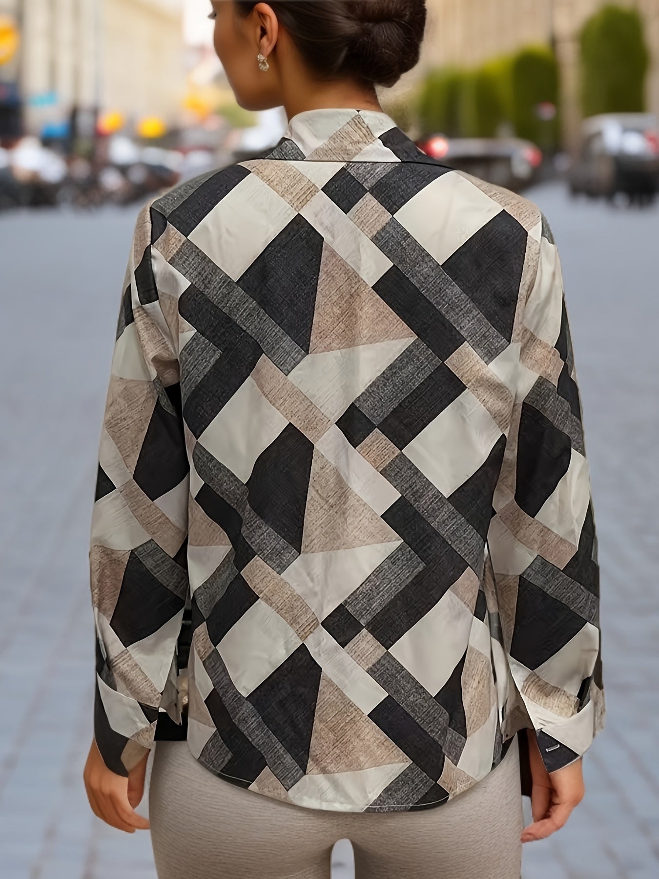 Colorblock Geometric Print Button Shirt, Casual Polo Collar Long Sleeve Shirt For Spring & Fall, Women's Clothing