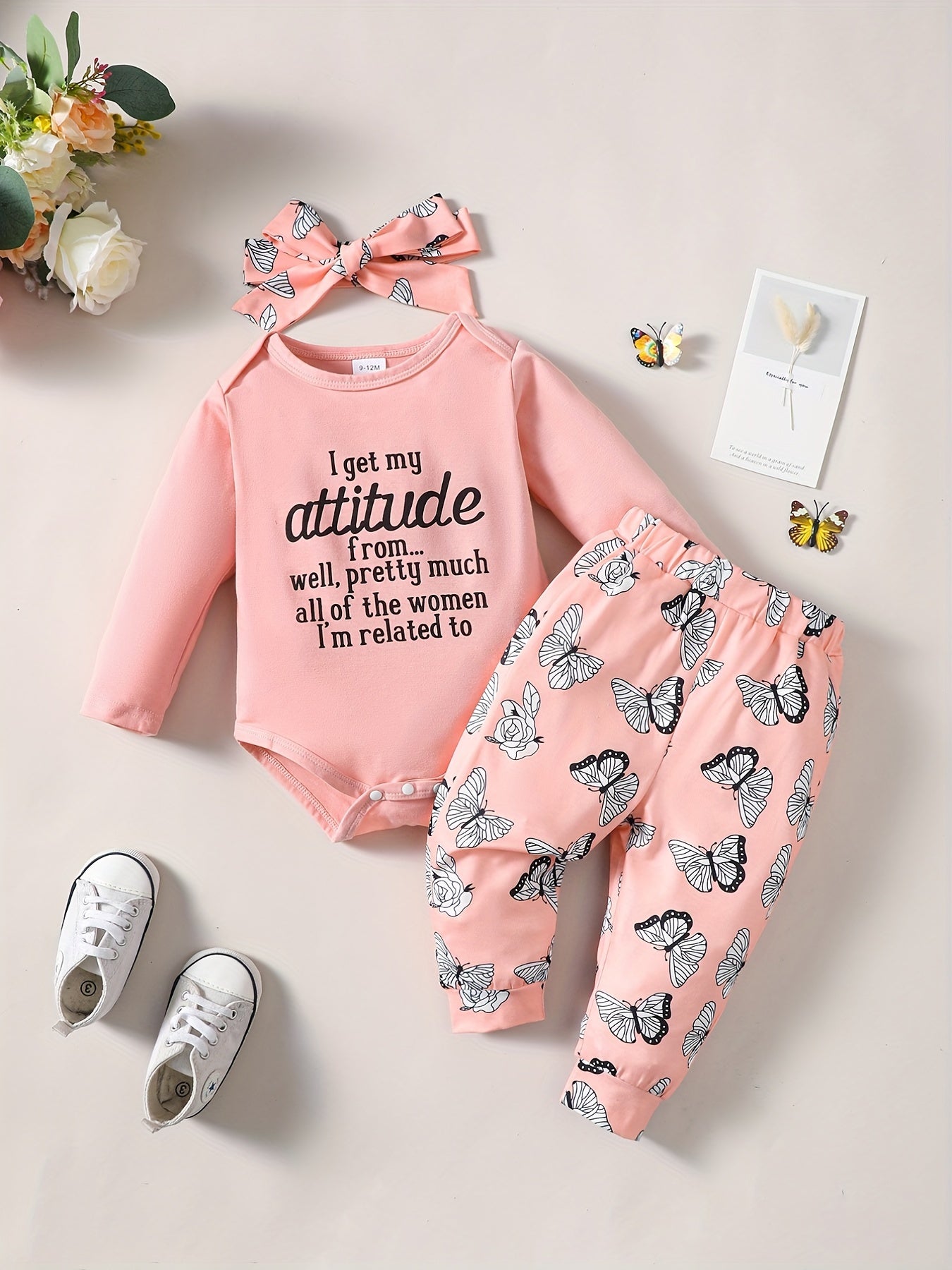 Baby Girl's Graphic Long-sleeved Romper Top + Butterflies Print Pants Set, Newborn's Cute Casual Clothes