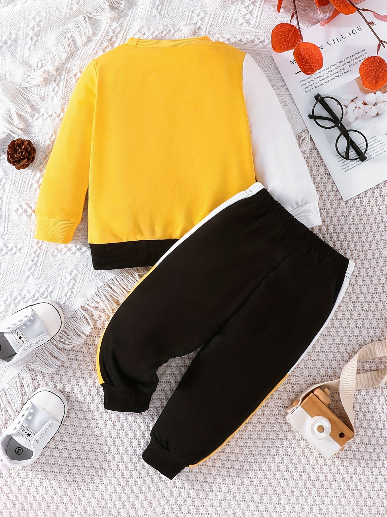 Baby Boy's Long Sleeve Sweatshirt & Trousers Set For Spring And Autumn, Kid's Trendy Color Contrast Outfit