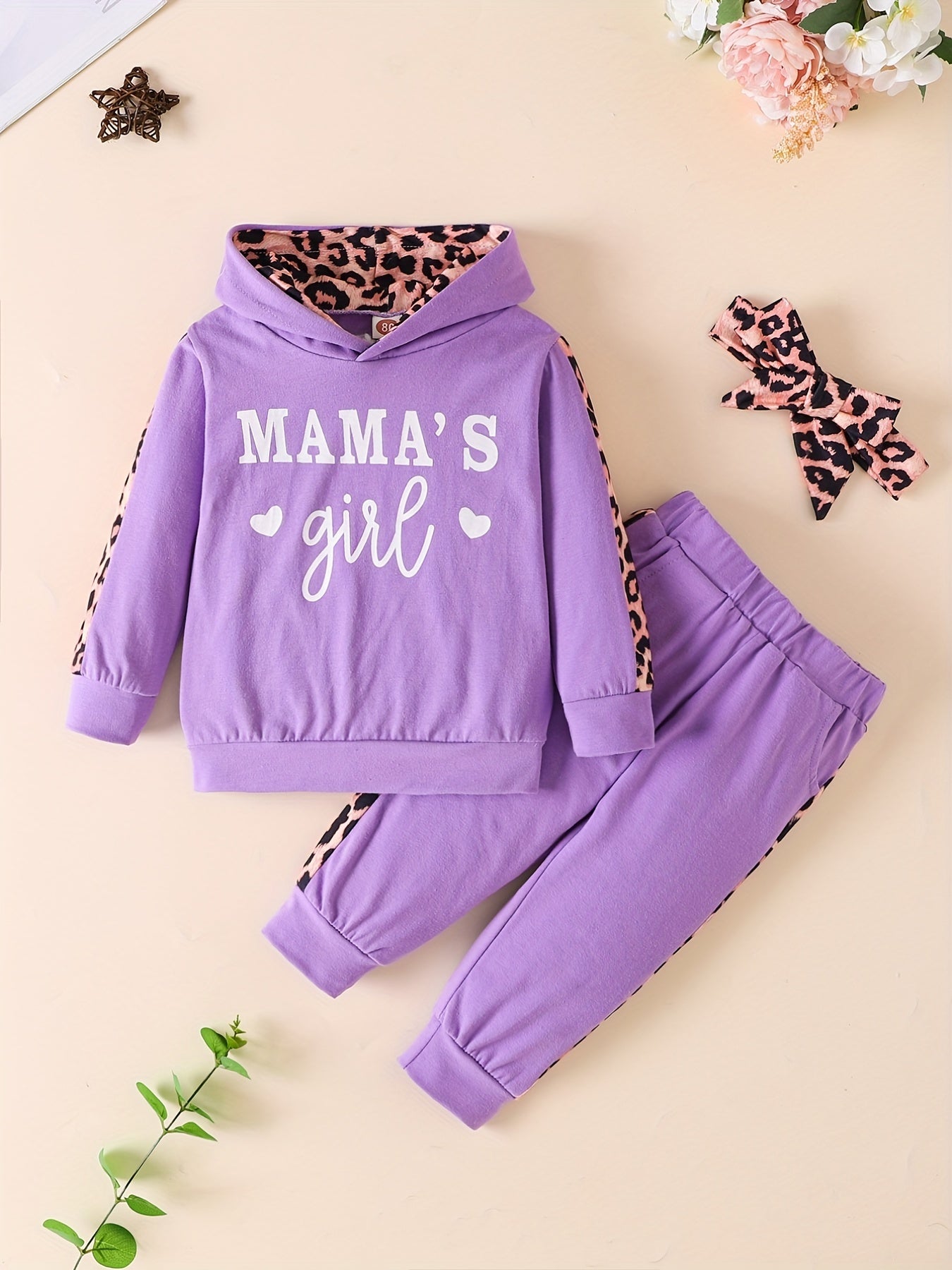 3pcs Baby Girls Casual  Hoodie Set, Leopard Print Long Sleeve Hooded Sweatshirt & Pants & Headband Set