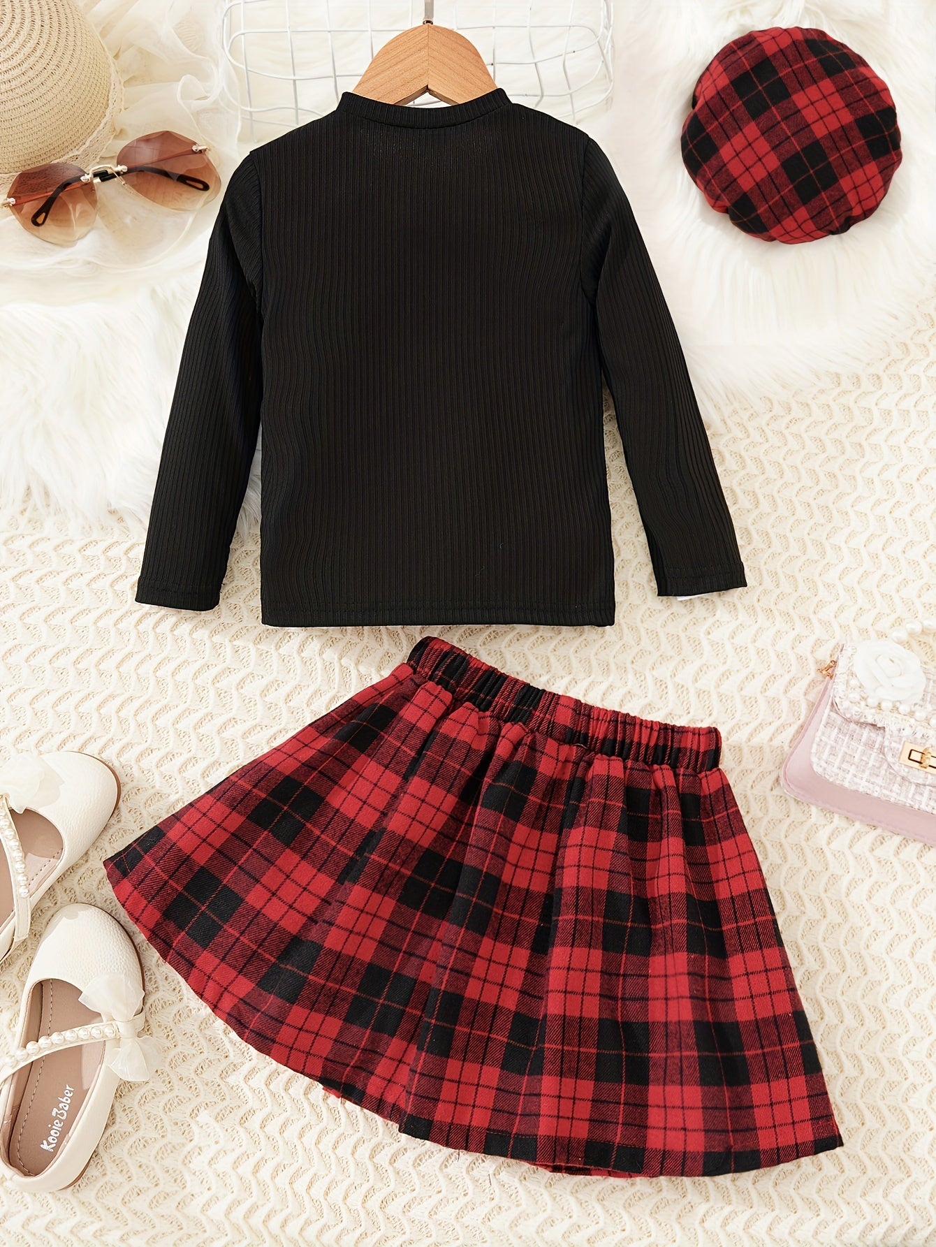Girls 3pcs Ribbed Knit Long Sleeve Top & Plaid Pleated Skirt & Plaid Beret Set Kids Clothes For Party, Gift