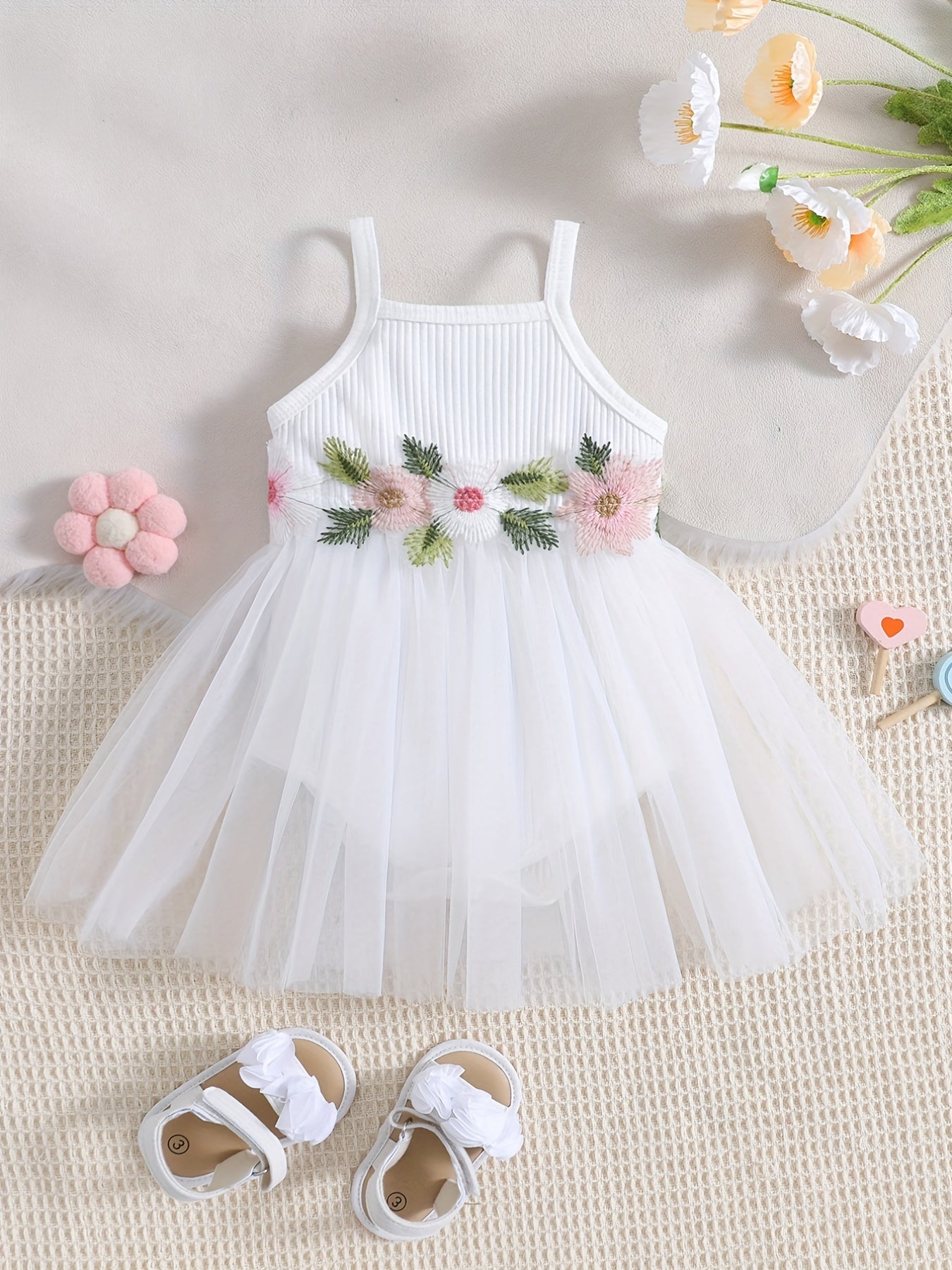 Baby Girl's Cute Floral Embroidery Sleeveless Mesh Cami Onesie Dress Clothes With Fashion Mesh Hem And Flower Decors