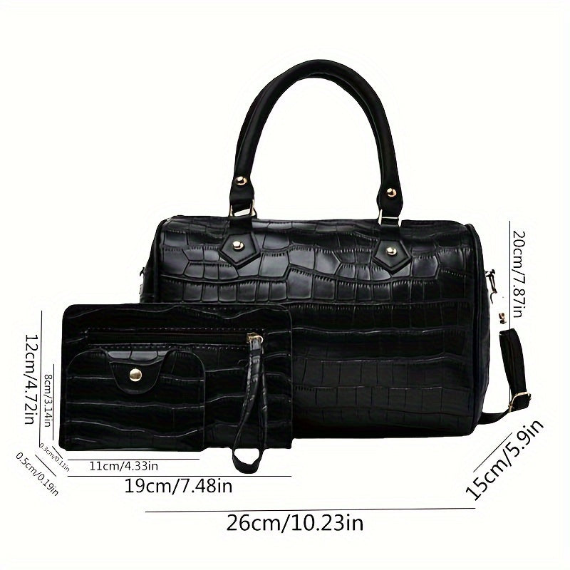 3pcs Retro Crocodile Pattern Handbag Set, Women's Crossbody Boston Bag With Clutch Bag & Credit Card Holder