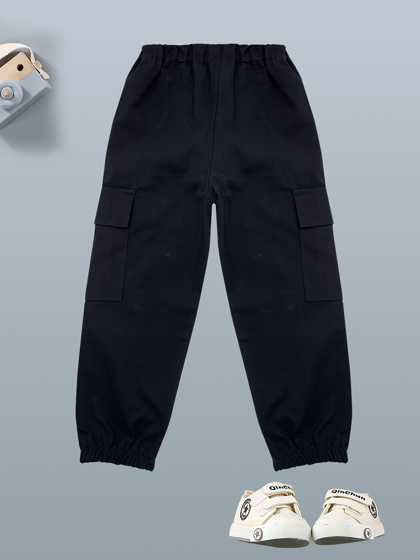 Kid's Cotton Cargo Pants, Elastic Waist Trousers With Pockets, Boy's Clothes For Spring Fall Winter