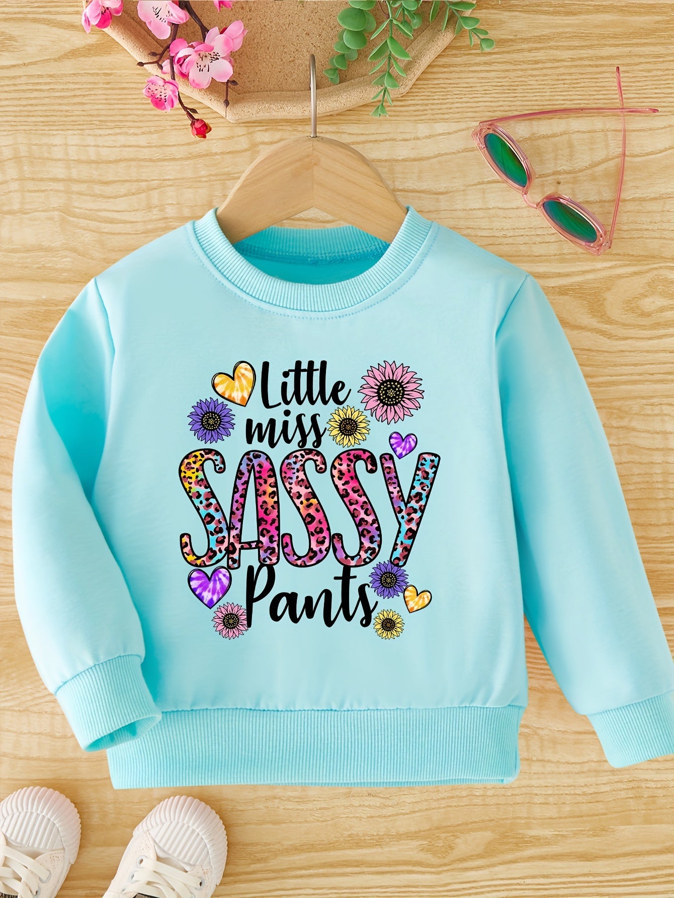 Girls Cute Floral And Letter Casual Creative Pullover Sweatshirt, Long Sleeve Crew Neck Tops, Kids Clothing