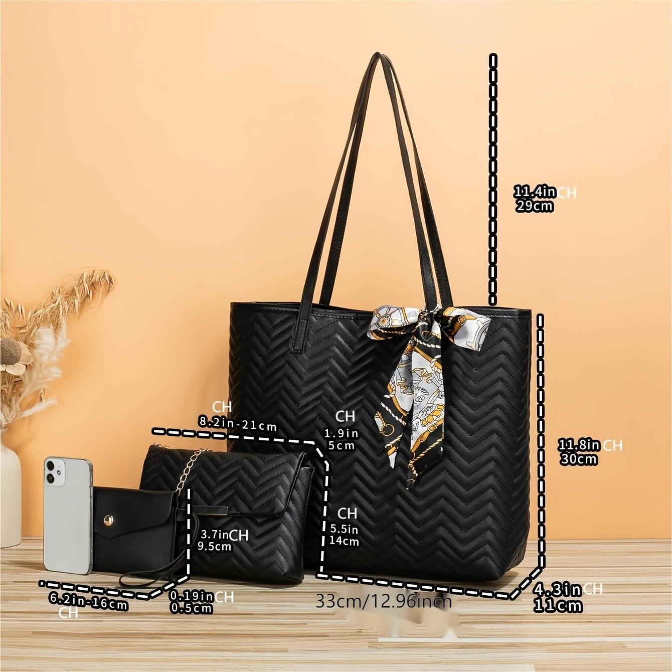 4 Pcs Quilted Detail Bag Sets, Solid Color Tote Bag With Shoulder Chain Bag & Purse & Crossbody Bag, Classic Bags With Scarf Decor