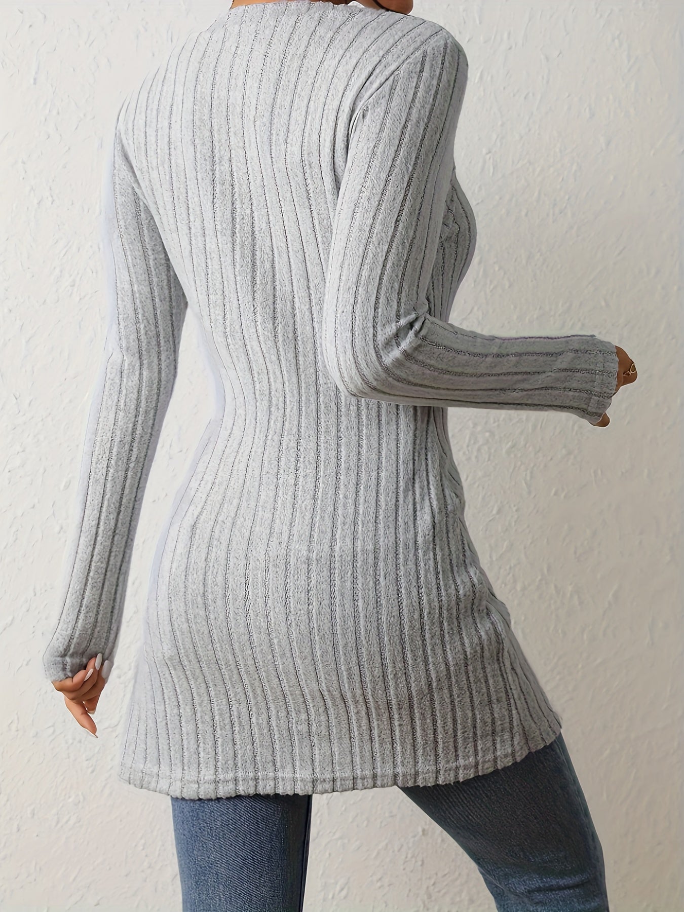 Ribbed Knit Square Neck Sweater, Casual Long Sleeve Split Sweater For Fall & Winter, Women's Clothing