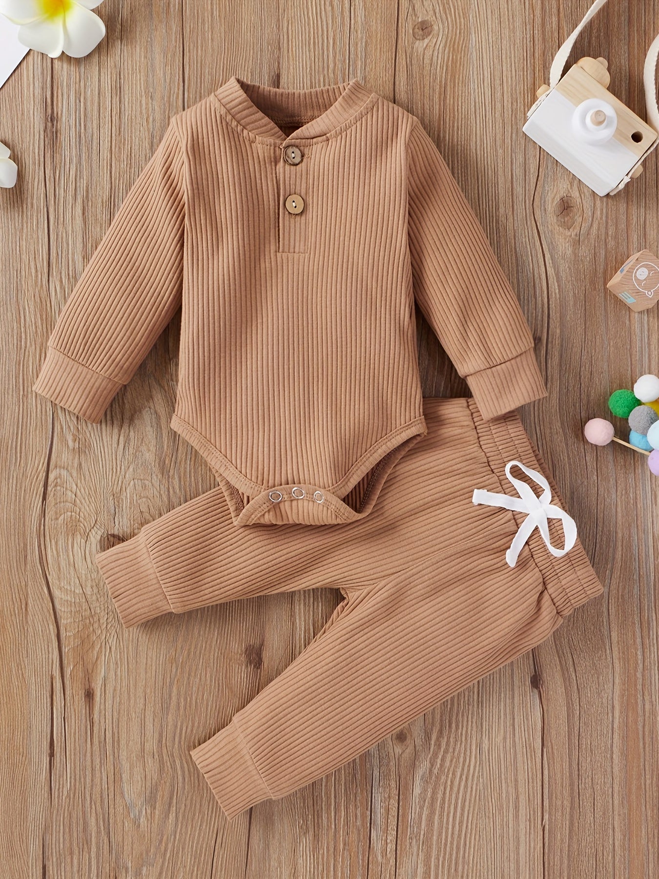 2pcs Baby Infant Boys And Girls Casual Plain Color Long Sleeve Onesie & Pants Set Clothes