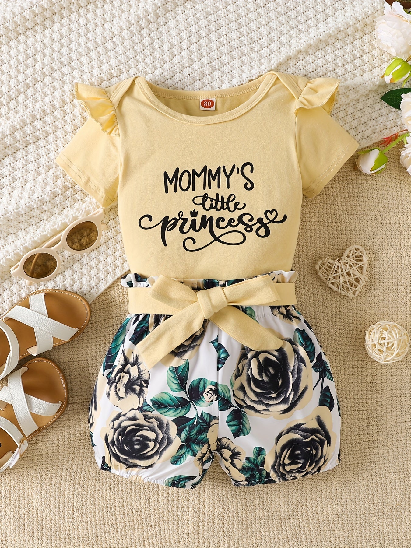 2pcs Girls MOMMY'S LITTLE PRINCESS Letter Print Short Sleeve Round Neck Top And Floral Print Shorts Set, Cotton Summer Casual Clothes